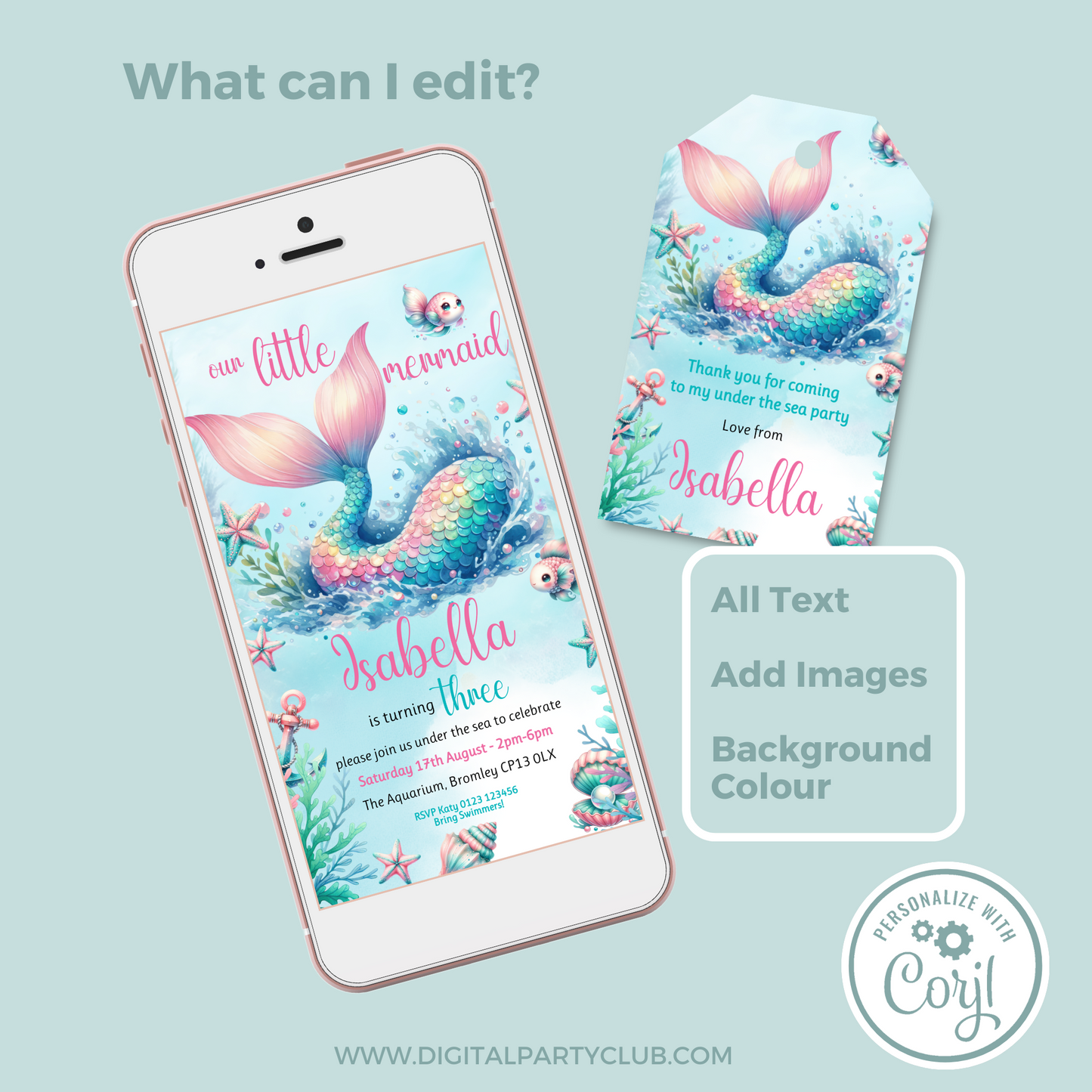 Editable Evite Birthday Invitation and FREE Thank You Tag - Mermaid Tail