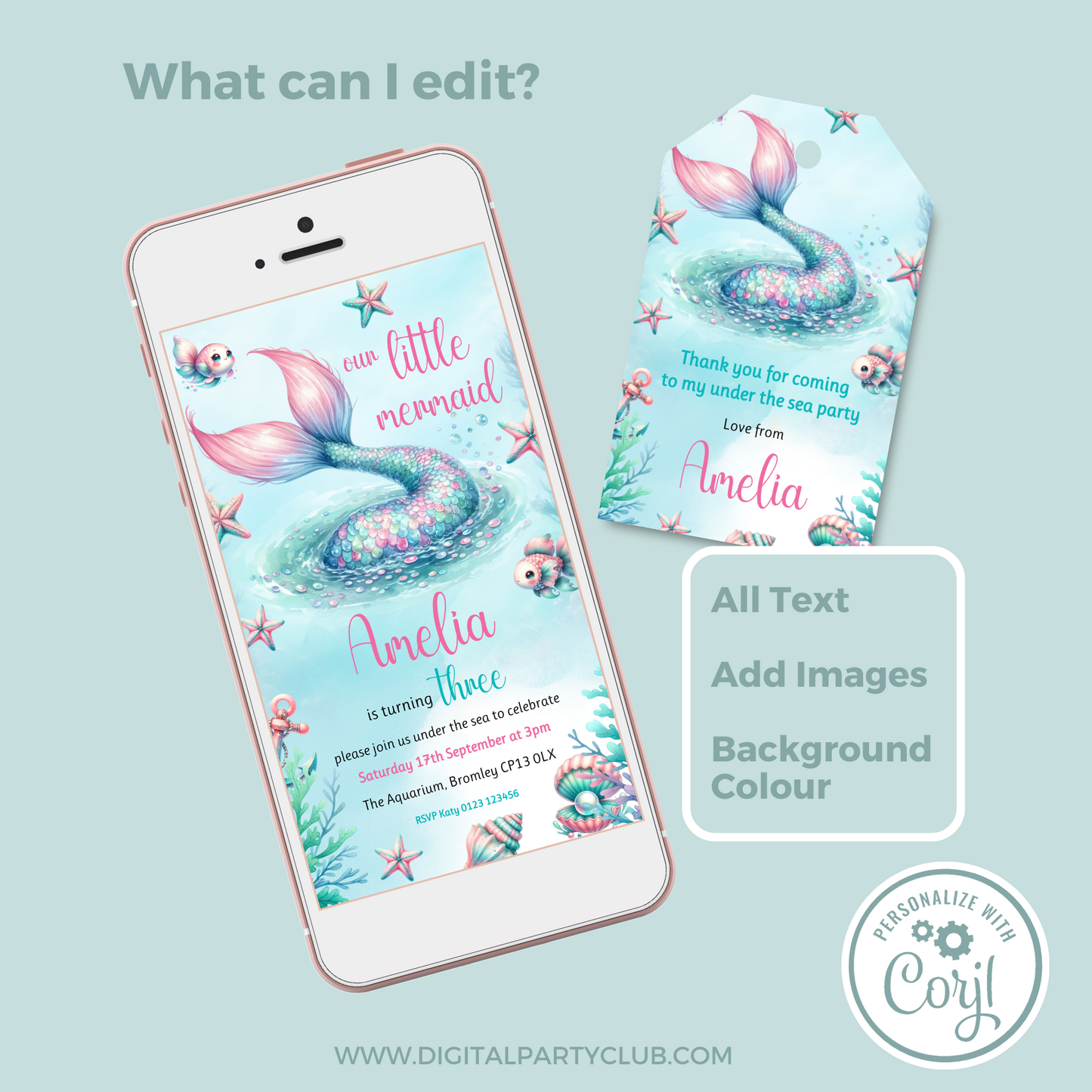Editable Evite Birthday Invitation and FREE Thank You Tag - Mermaid Tail