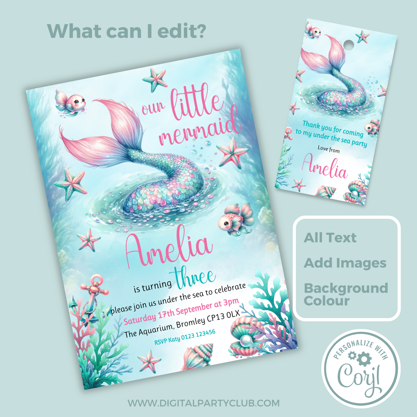 Editable Birthday Invitation and FREE Thank You Tag - Mermaid Tail