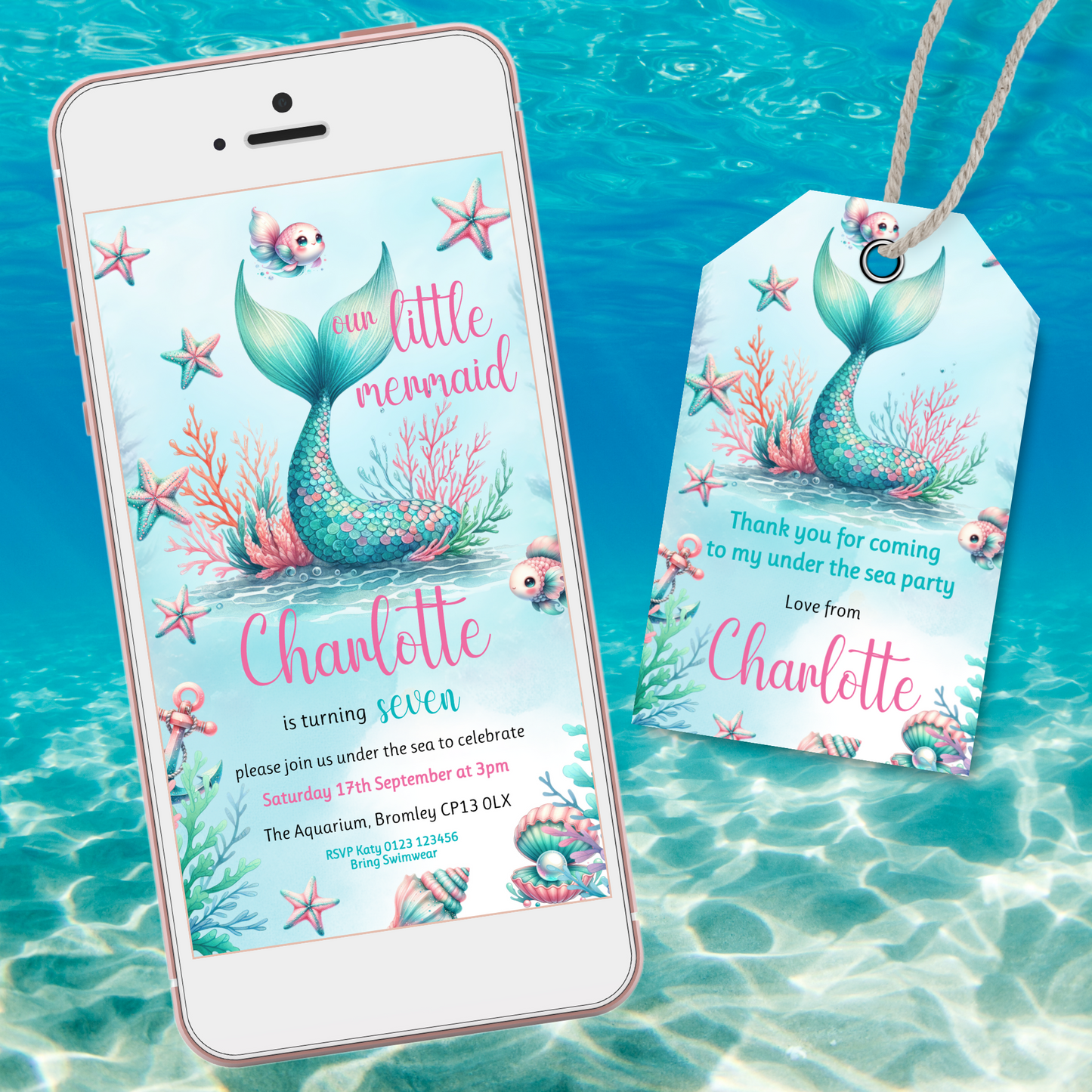 Editable Evite Birthday Invitation and FREE Thank You Tag - Mermaid Tail