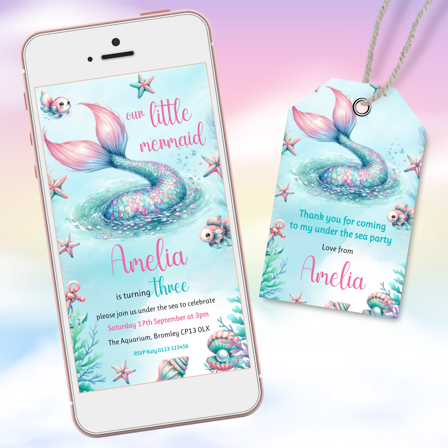 Editable Evite Birthday Invitation and FREE Thank You Tag - Mermaid Tail