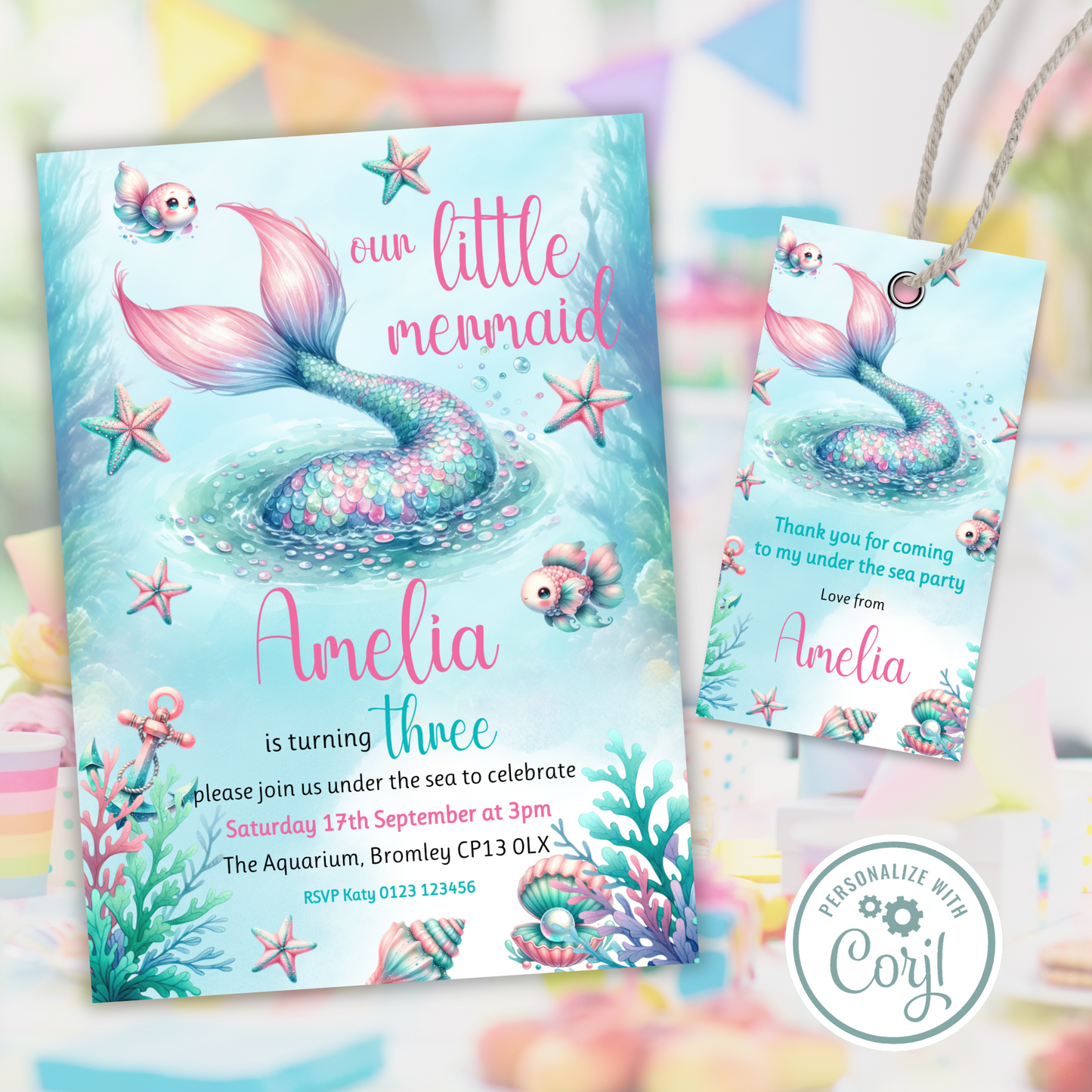 Editable Birthday Invitation and FREE Thank You Tag - Mermaid Tail