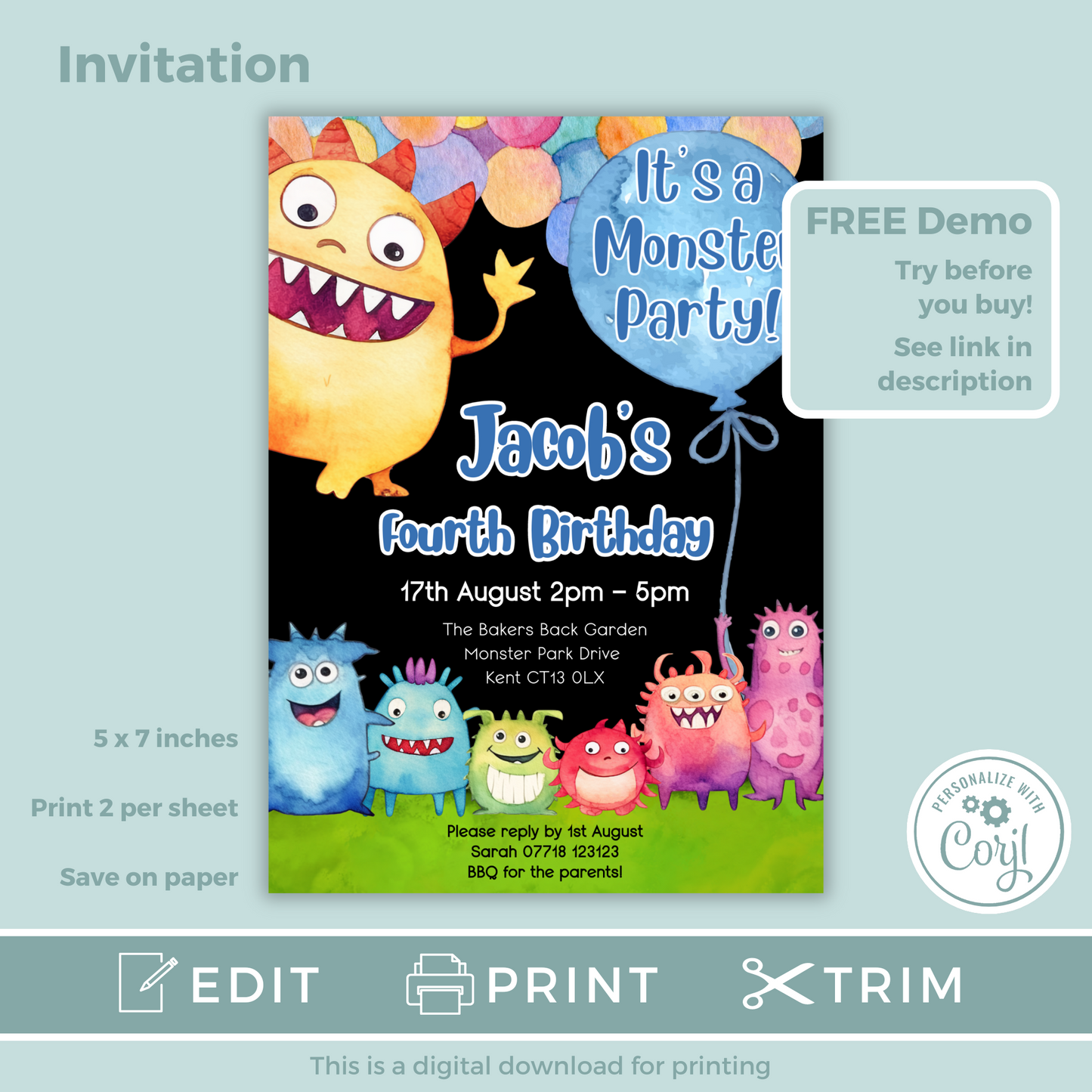 Editable Birthday Invitation and FREE Thank You Tag - Monster