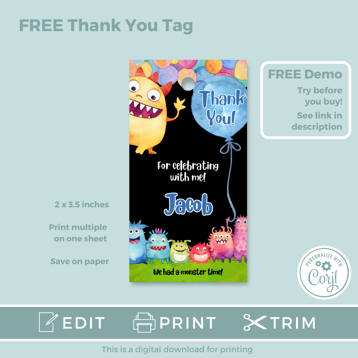 Editable Birthday Invitation and FREE Thank You Tag - Monster