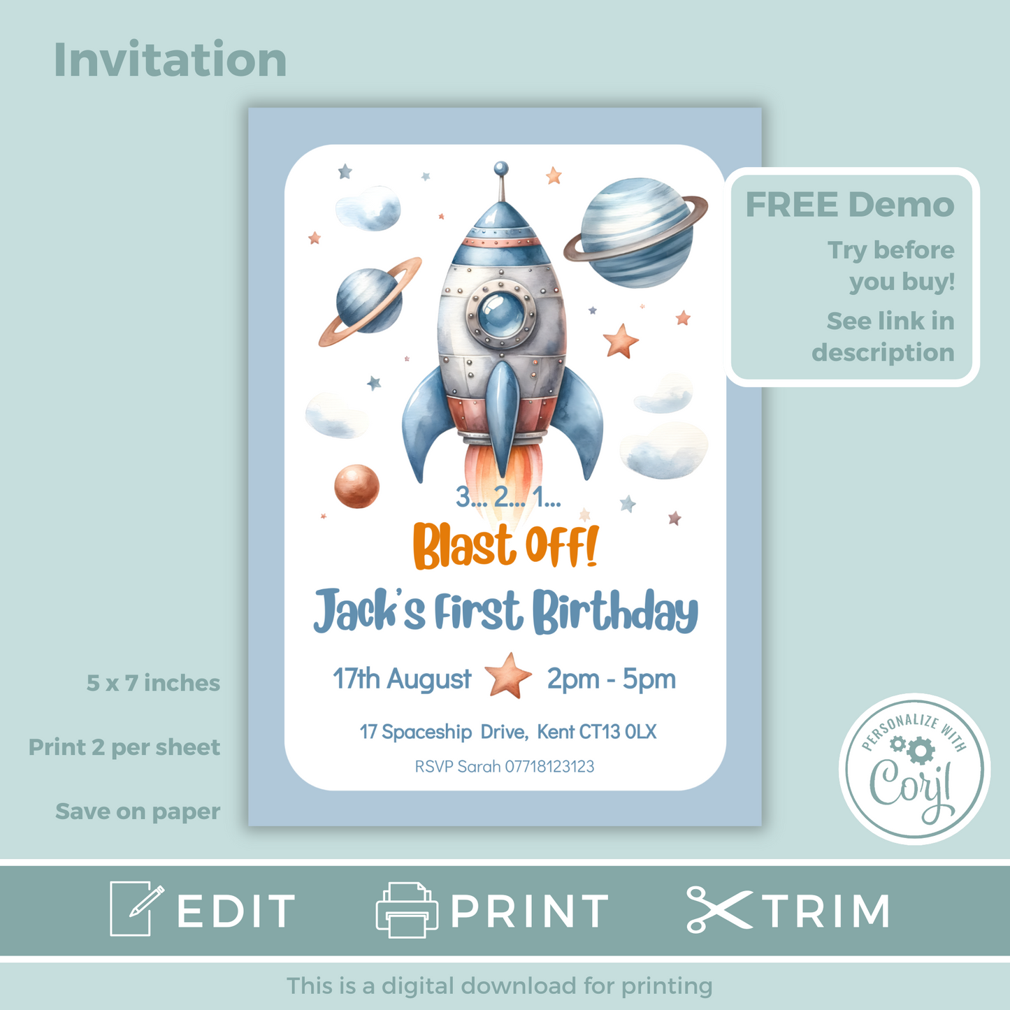 Editable Birthday Invitation and FREE Thank You Tag - Rocket Ship