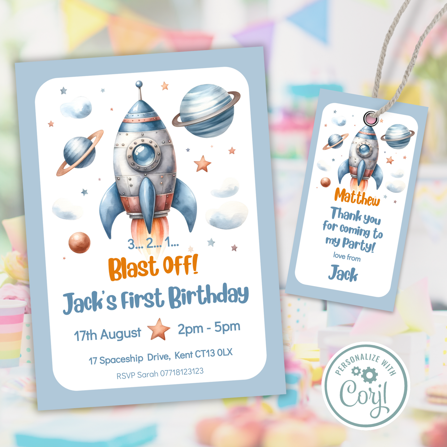 Editable Birthday Invitation and FREE Thank You Tag - Rocket Ship