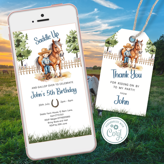 Editable Phone Birthday Invitation and FREE Thank You Tag - Saddle Up Boy