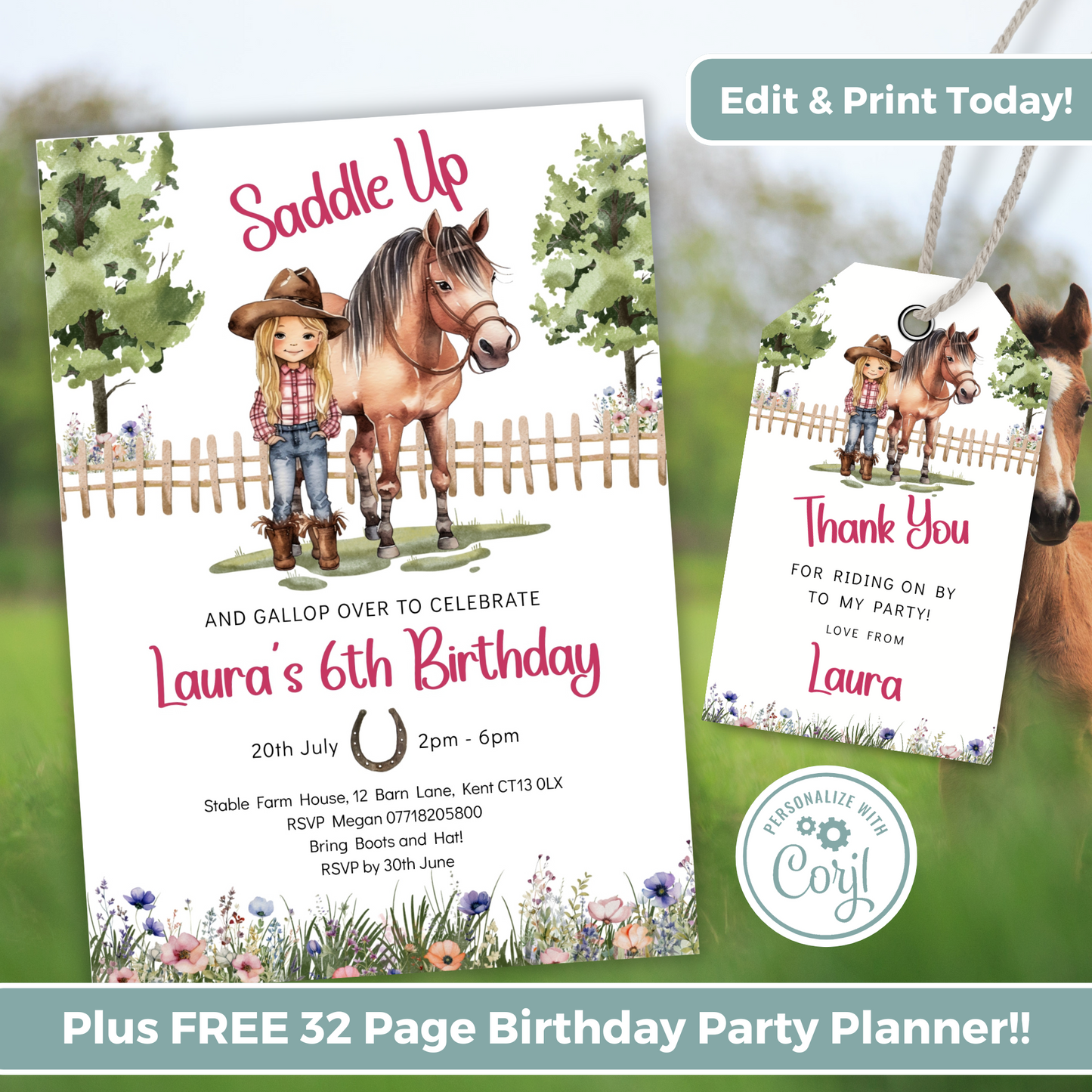 Editable Birthday Invitation and FREE Thank You Tag - Saddle Up Girl