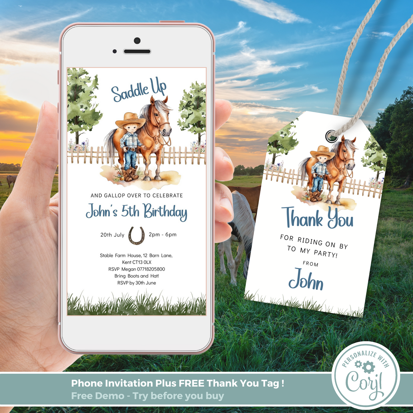 Editable Phone Birthday Invitation and FREE Thank You Tag - Saddle Up Boy