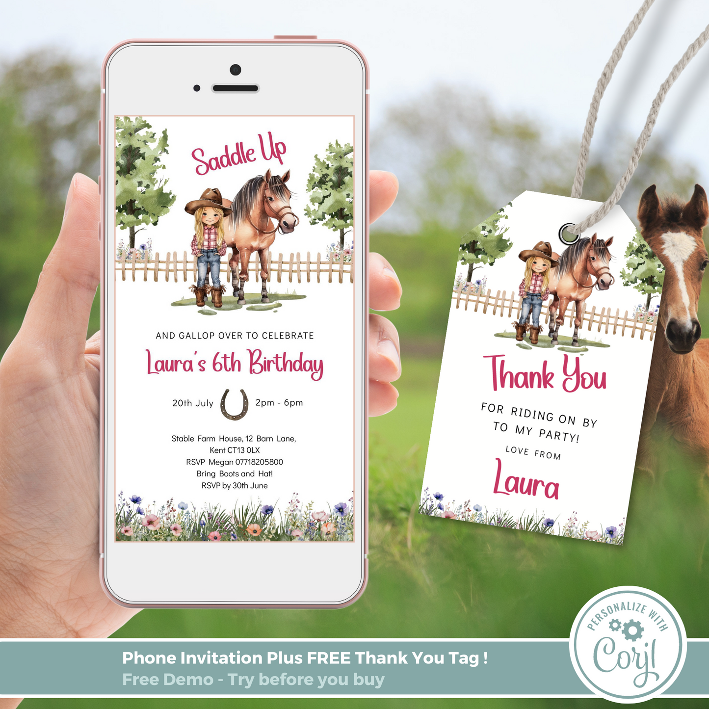 Editable Phone Birthday Invitation and FREE Thank You Tag - Saddle Up Girl
