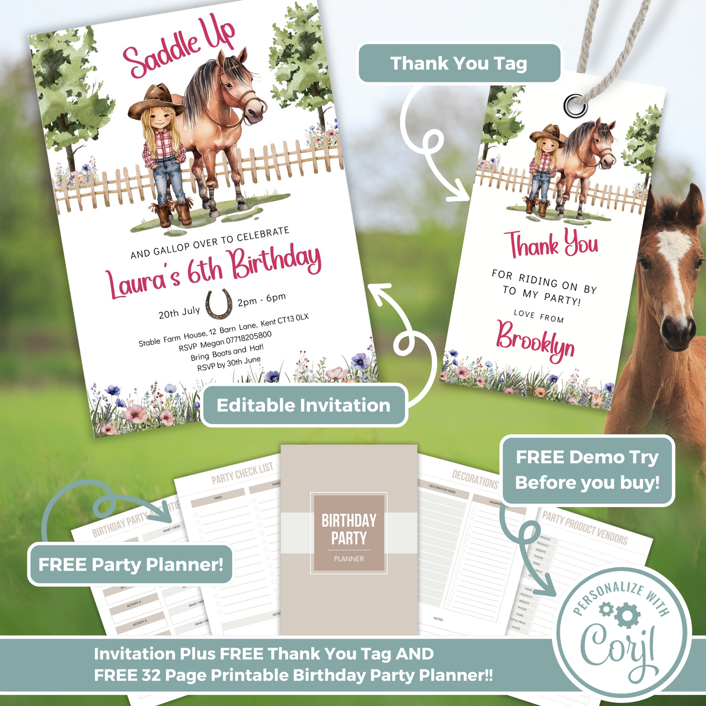 Editable Birthday Invitation and FREE Thank You Tag - Saddle Up Girl