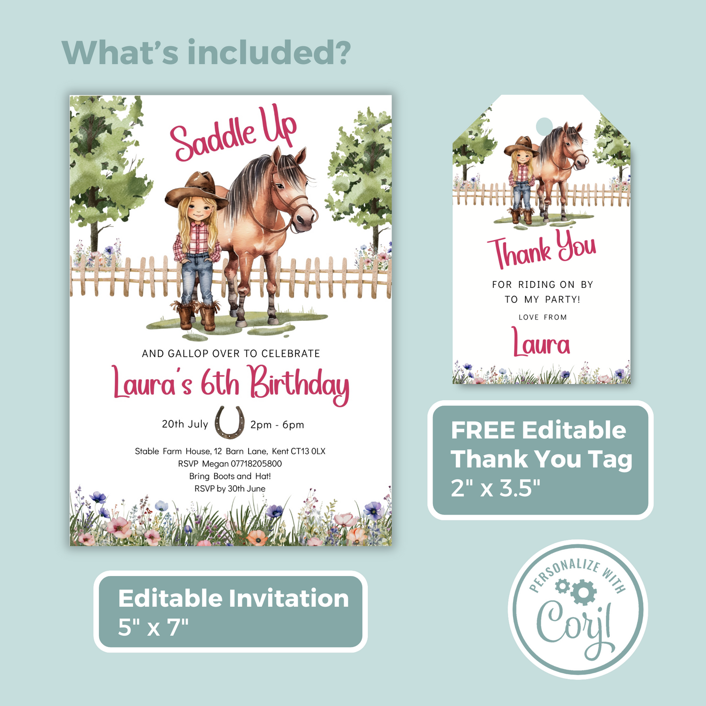 Editable Birthday Invitation and FREE Thank You Tag - Saddle Up Girl