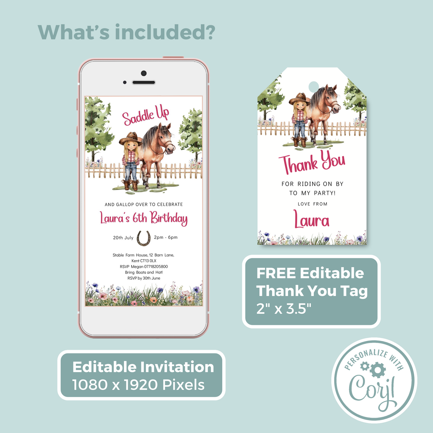 Editable Phone Birthday Invitation and FREE Thank You Tag - Saddle Up Girl