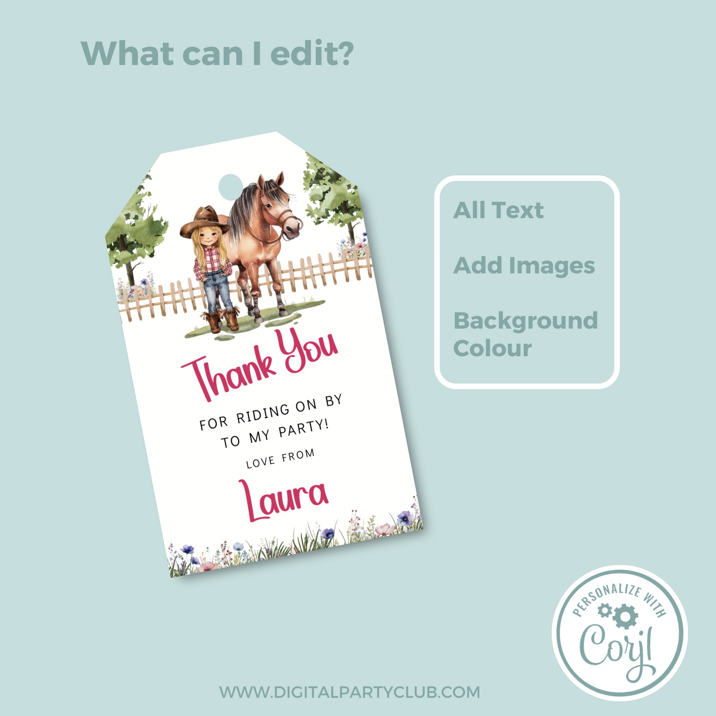 Editable Birthday Thank You Tag - Saddle Up Girl