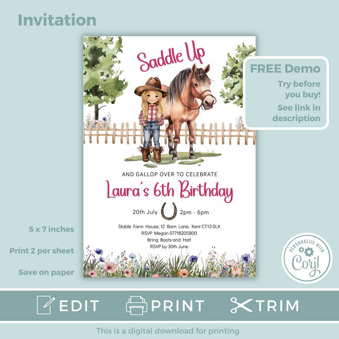 Editable Birthday Invitation and FREE Thank You Tag - Saddle Up Girl