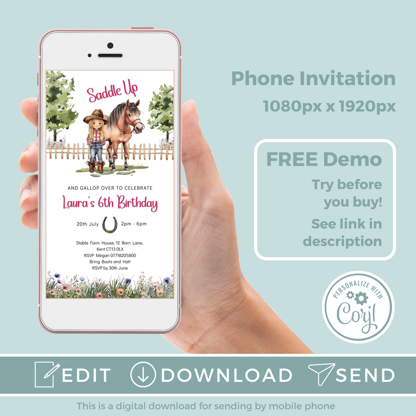 Editable Phone Birthday Invitation and FREE Thank You Tag - Saddle Up Girl