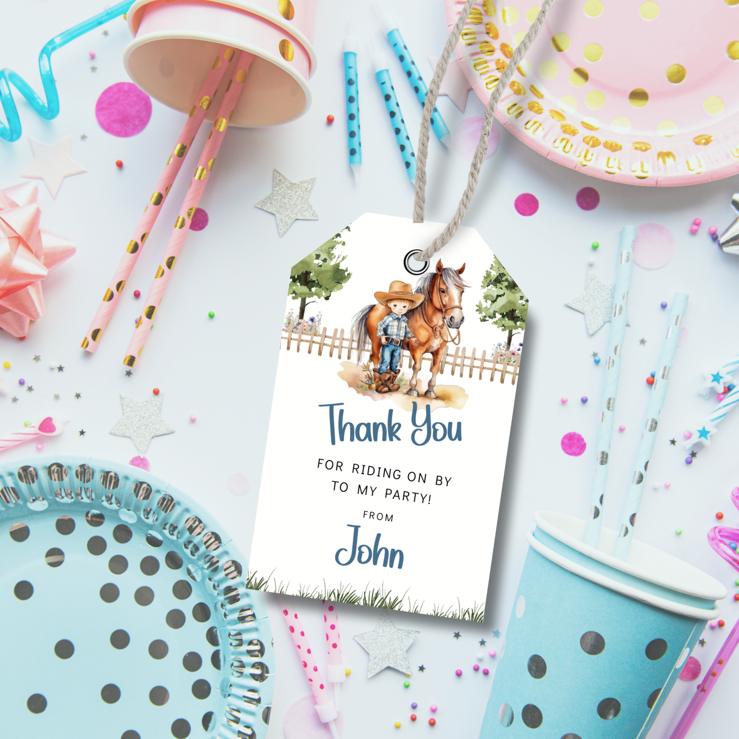 Editable Birthday Thank You Tag - Saddle Up Boy