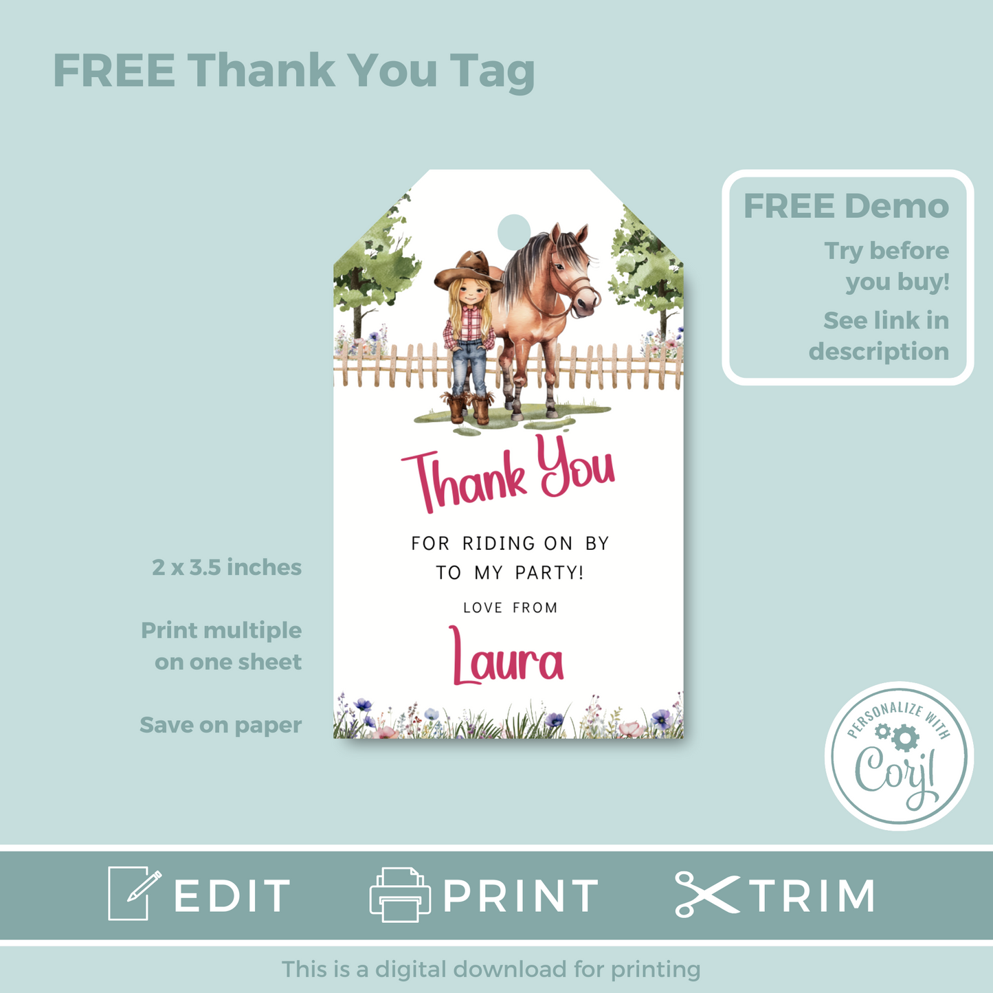 Editable Phone Birthday Invitation and FREE Thank You Tag - Saddle Up Girl