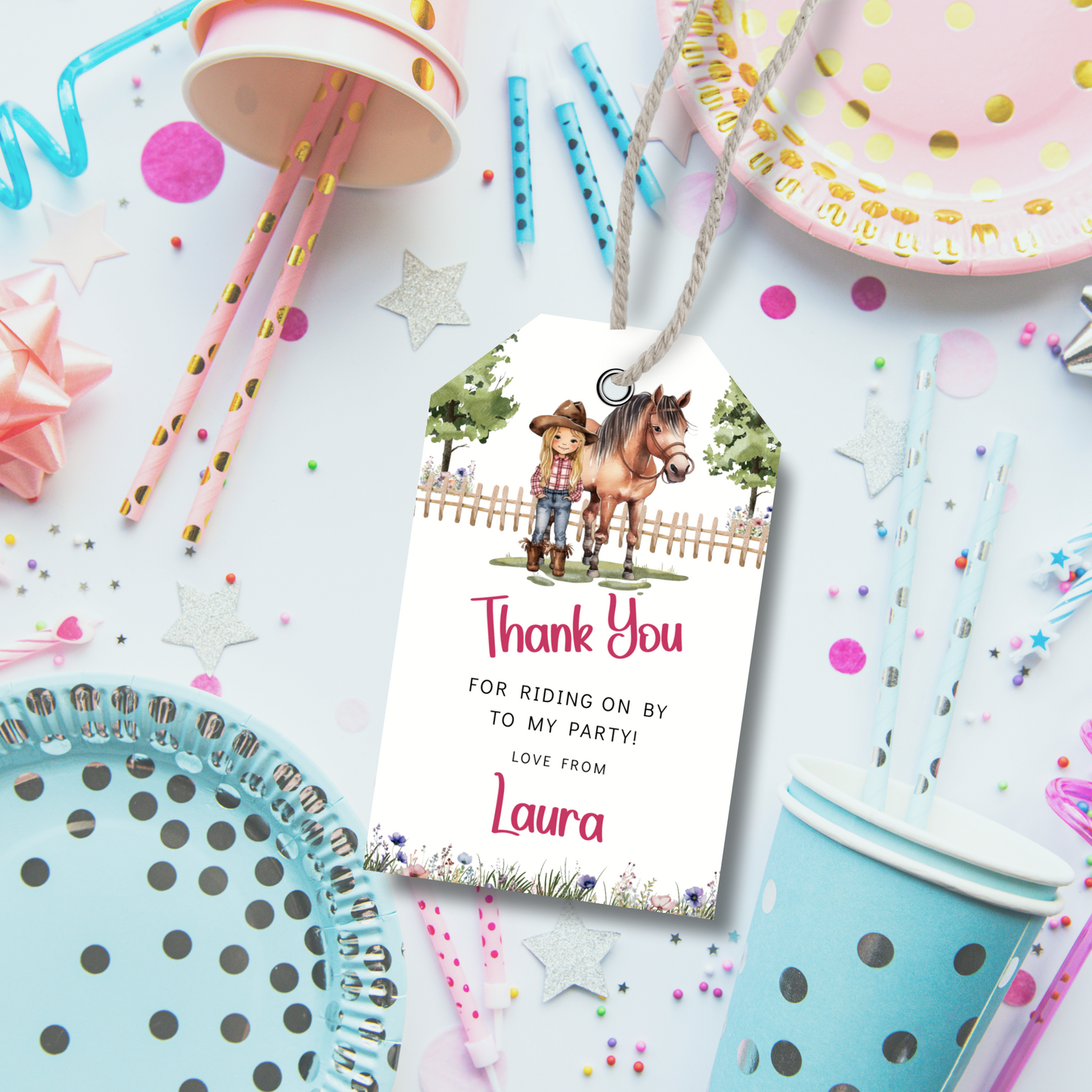 Editable Birthday Thank You Tag - Saddle Up Girl