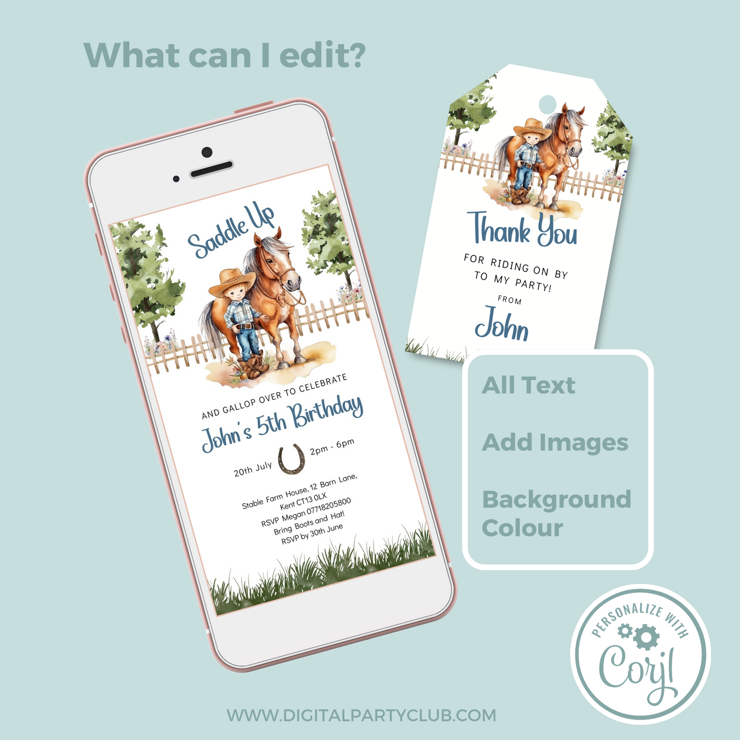 Editable Phone Birthday Invitation and FREE Thank You Tag - Saddle Up Boy