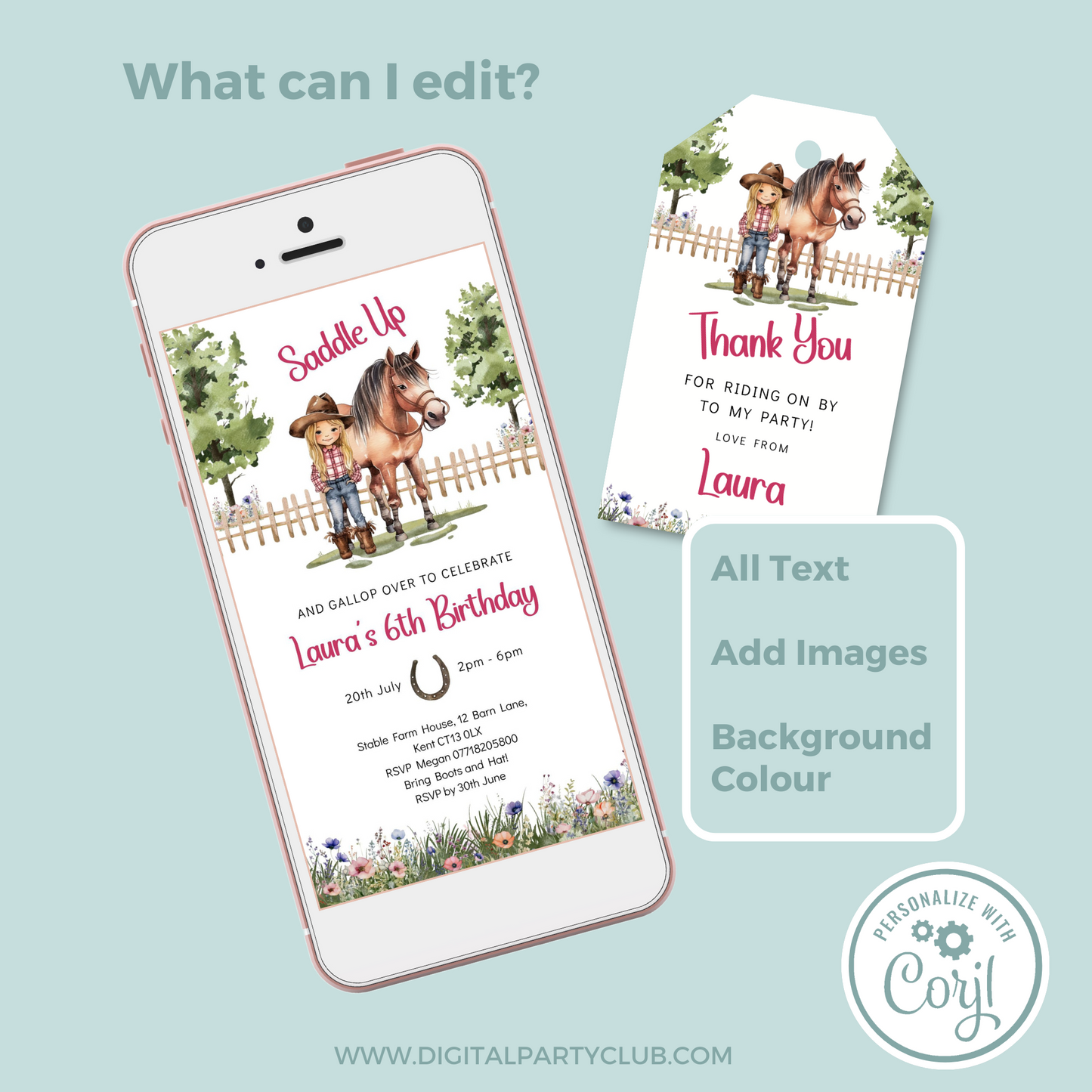Editable Phone Birthday Invitation and FREE Thank You Tag - Saddle Up Girl