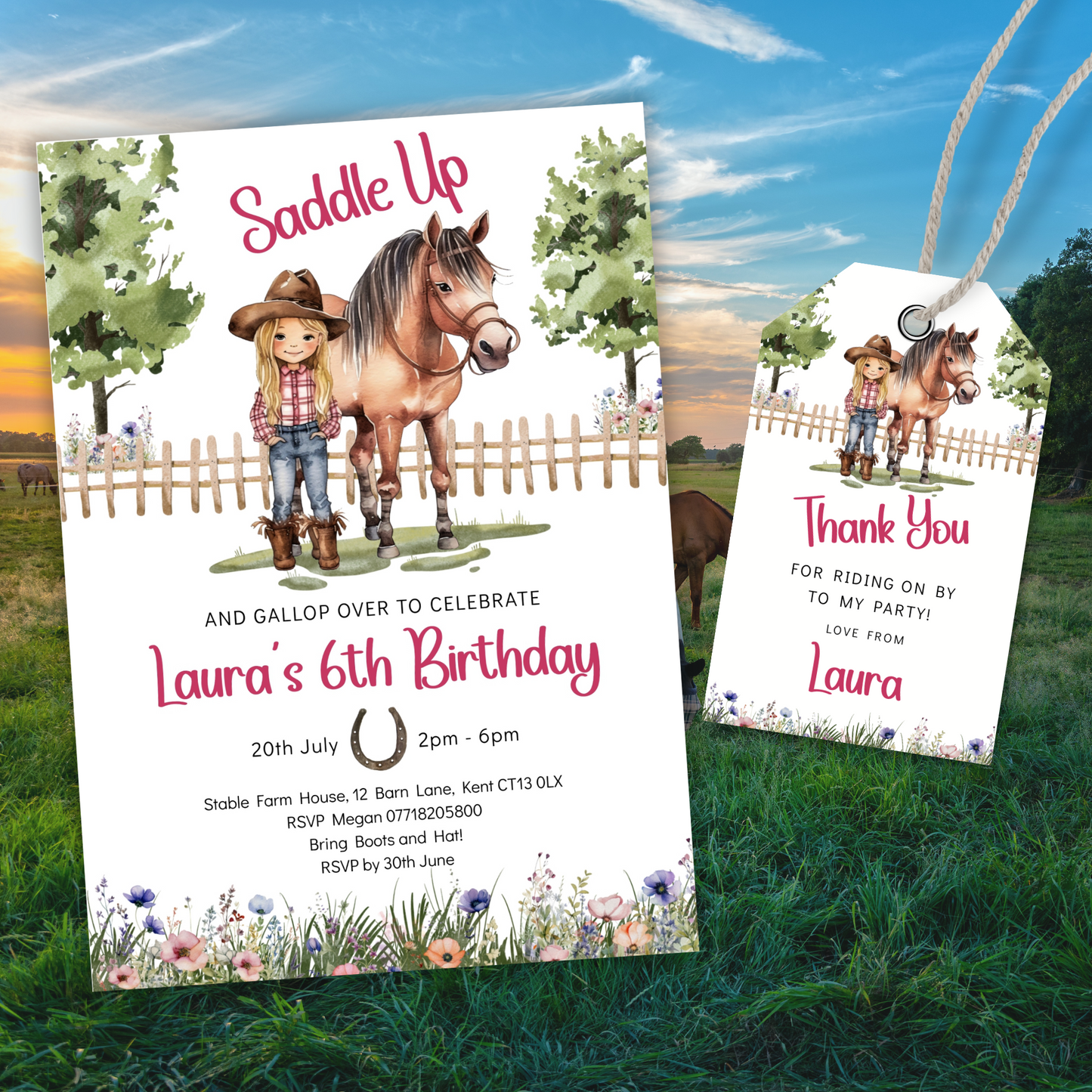 Editable Birthday Invitation and FREE Thank You Tag - Saddle Up Girl