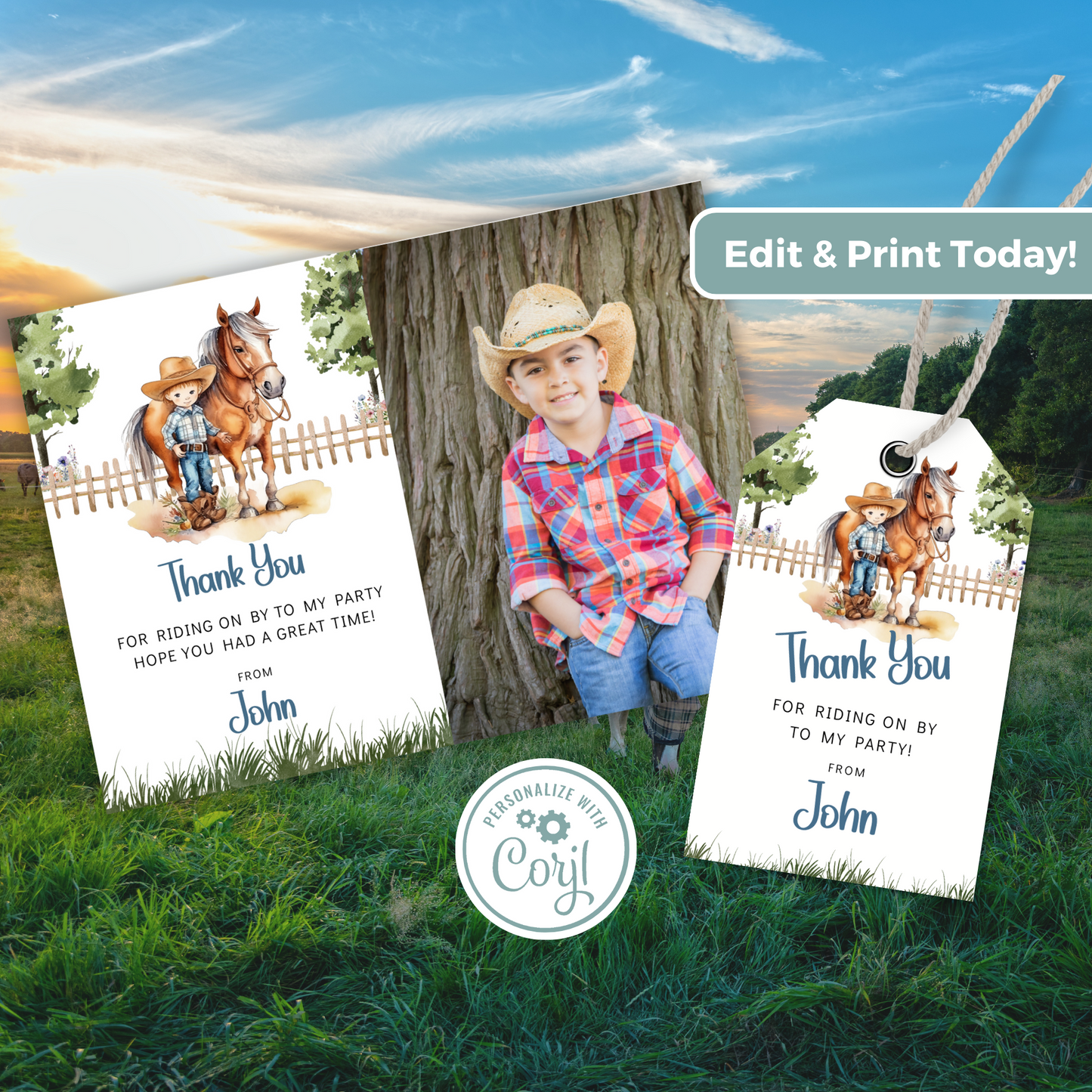 Editable Thank You Card - Saddle Up Boy