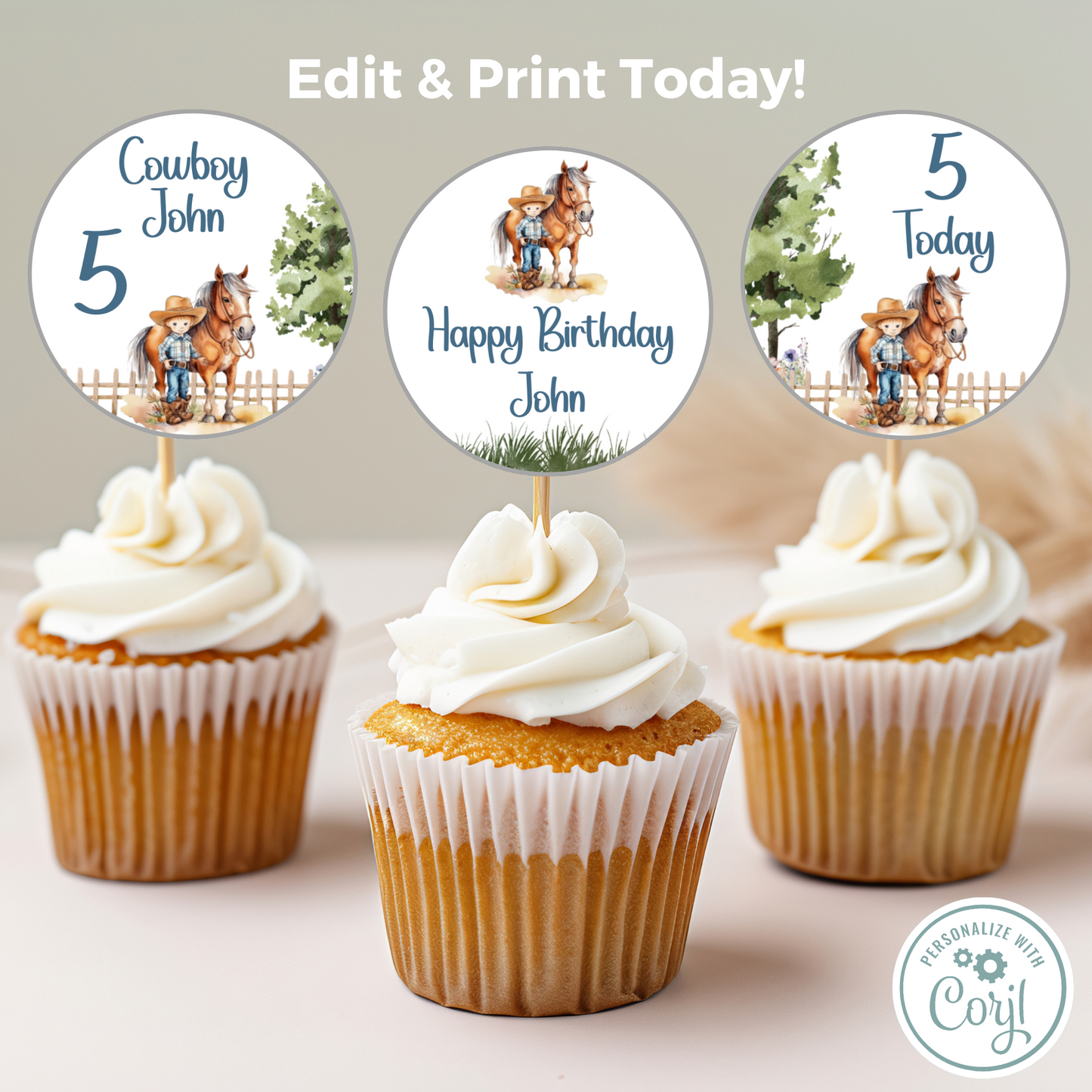 Editable Birthday Cupcake Toppers - Saddle Up Boy