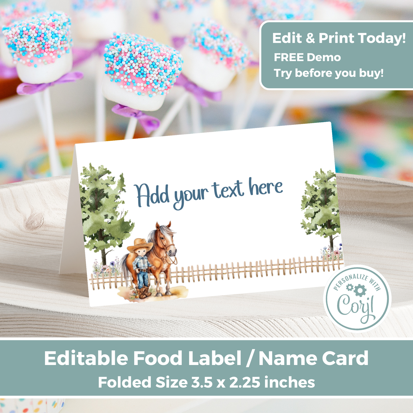Editable Birthday Food Label / Name Card - Saddle Up Boy