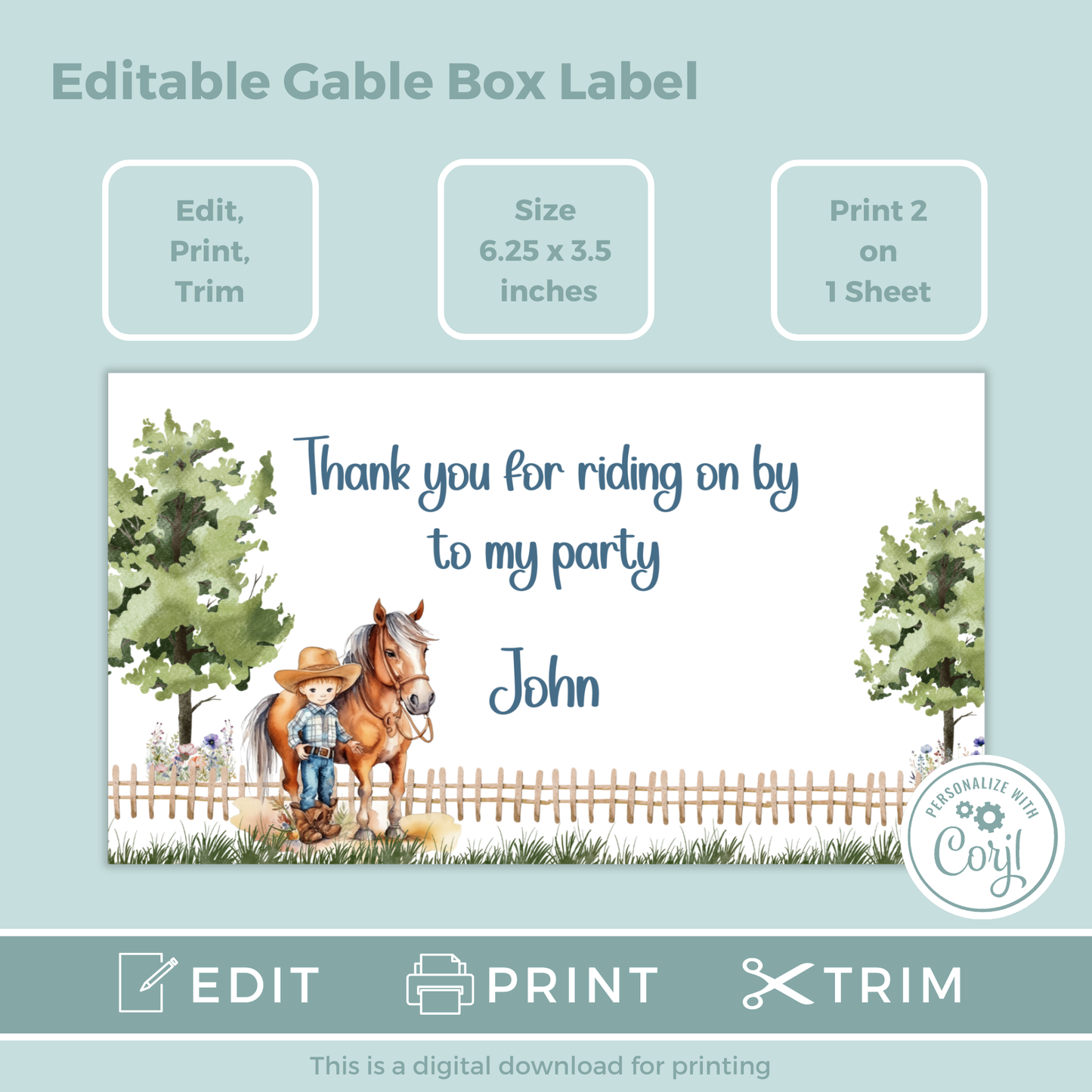 Editable Birthday Gable Box Label - Saddle Up Boy