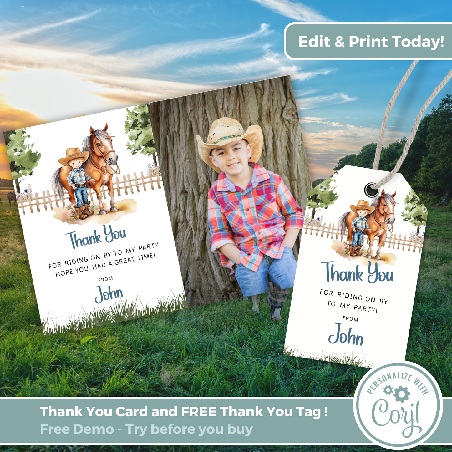 Editable Thank You Card - Saddle Up Boy