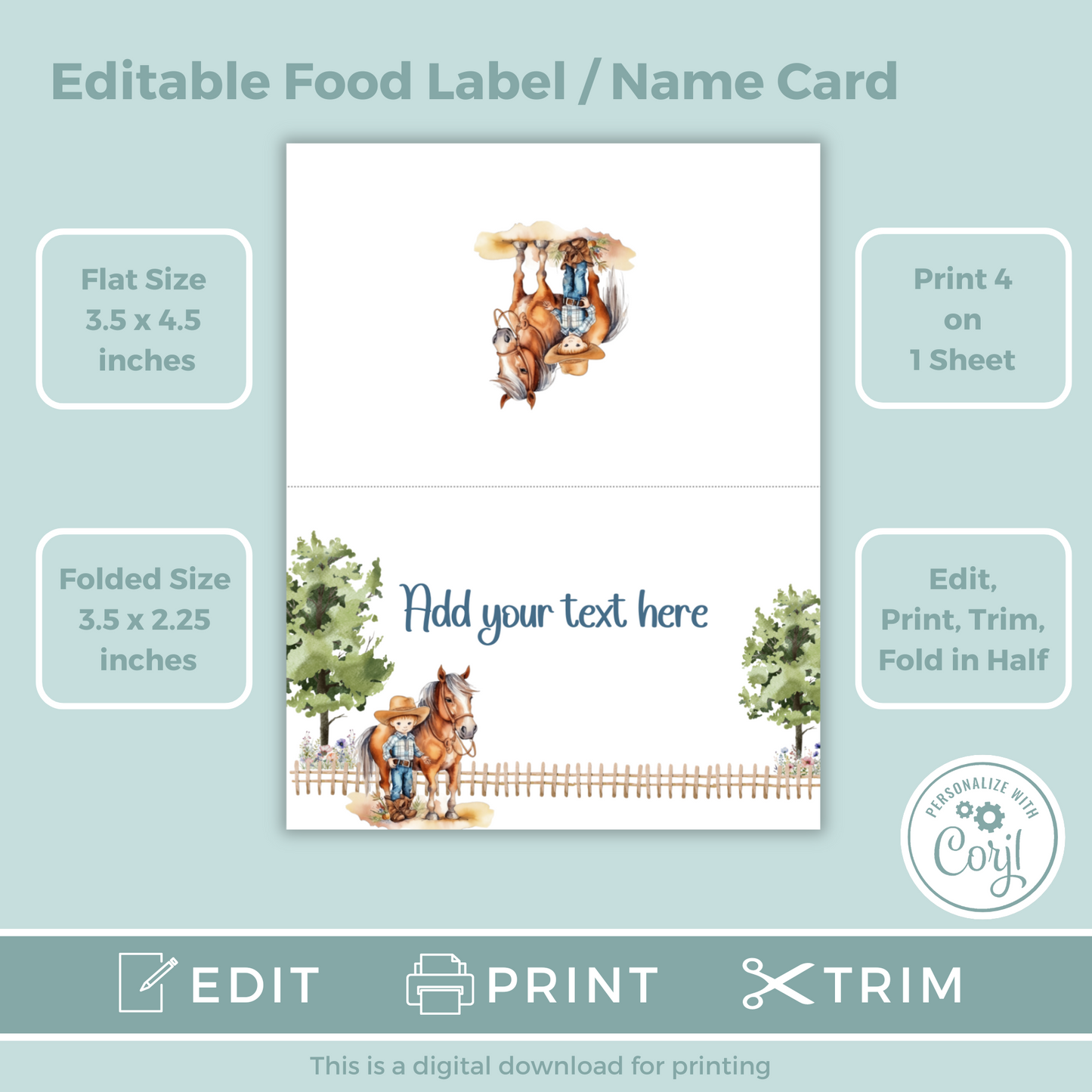 Editable Birthday Food Label / Name Card - Saddle Up Boy
