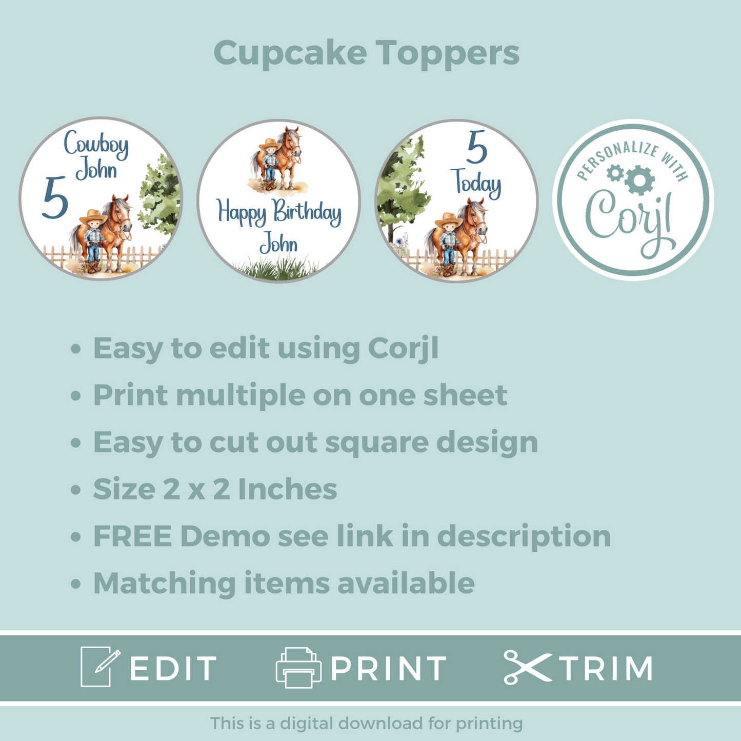 Editable Birthday Cupcake Toppers - Saddle Up Boy