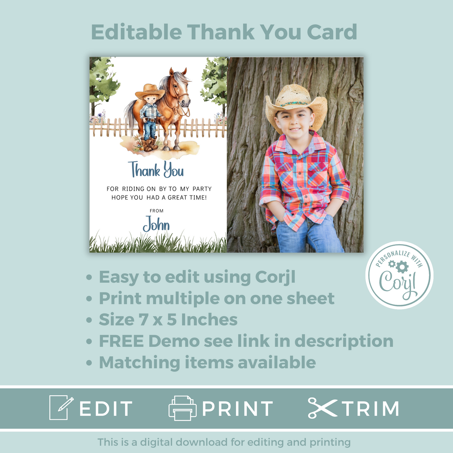 Editable Thank You Card - Saddle Up Boy