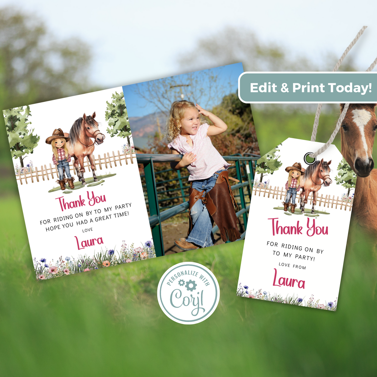 Editable Thank You Card - Saddle Up Girl