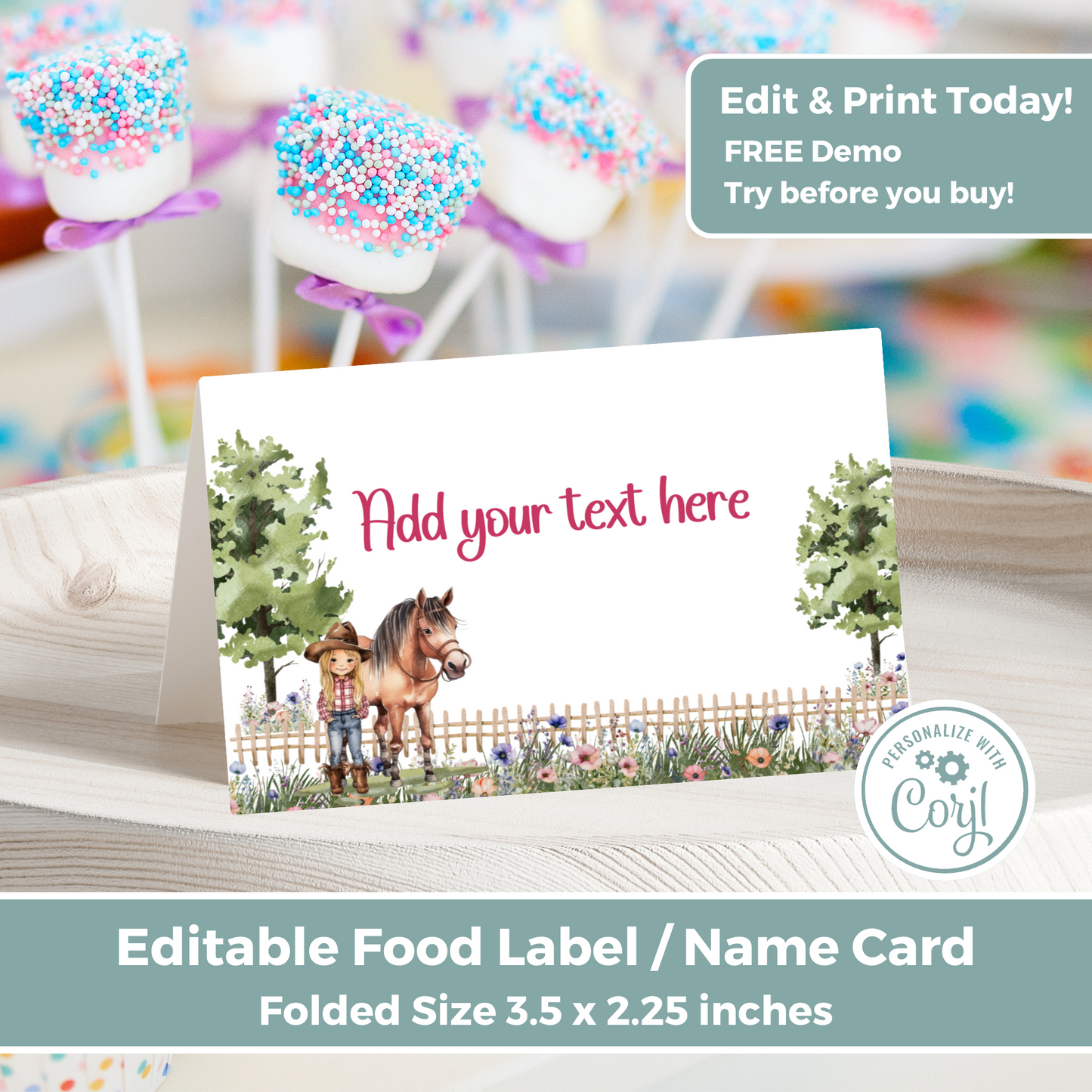 Editable Birthday Food Label / Name Card - Saddle Up Girl
