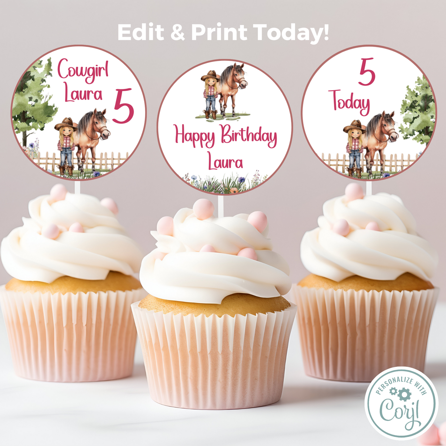 Editable Birthday Cupcake Toppers - Saddle Up Girl
