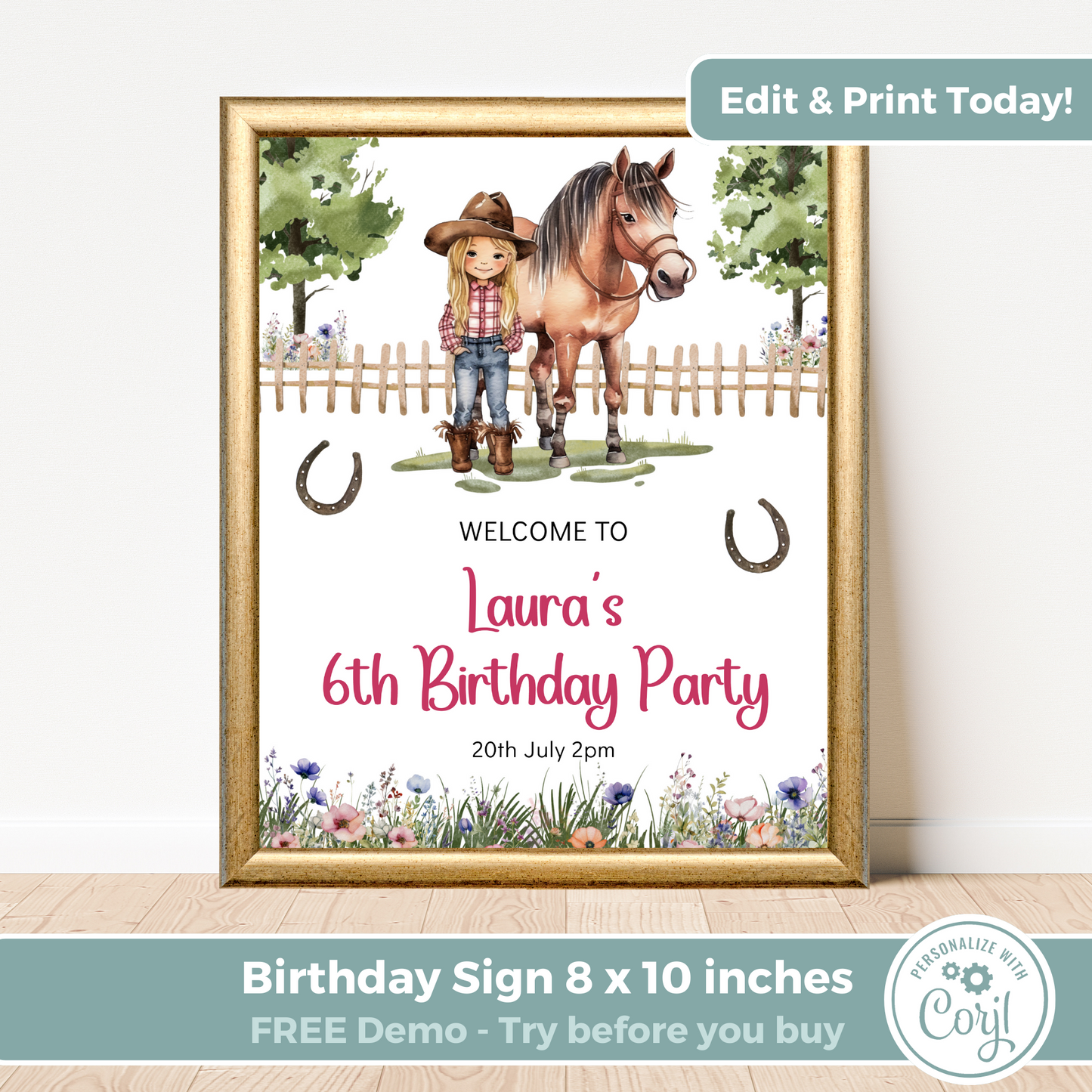 Editable Birthday Welcome Sign - Saddle Up Girl