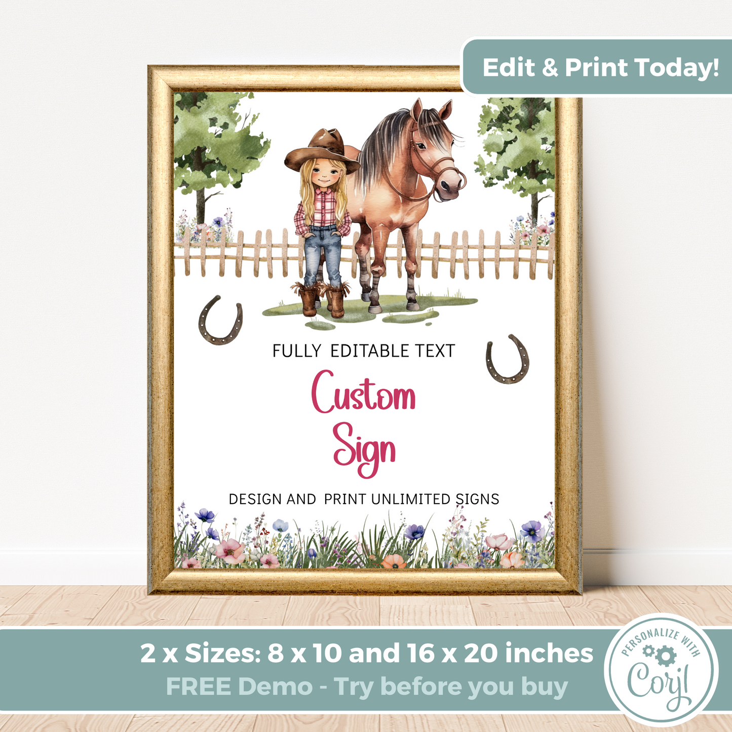 Editable Birthday Custom Sign - Saddle Up Girl