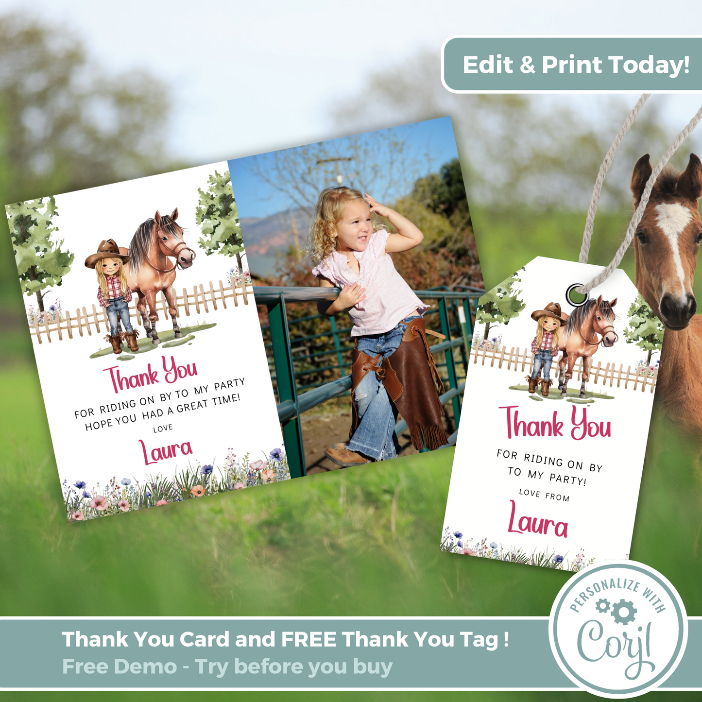 Editable Thank You Card - Saddle Up Girl