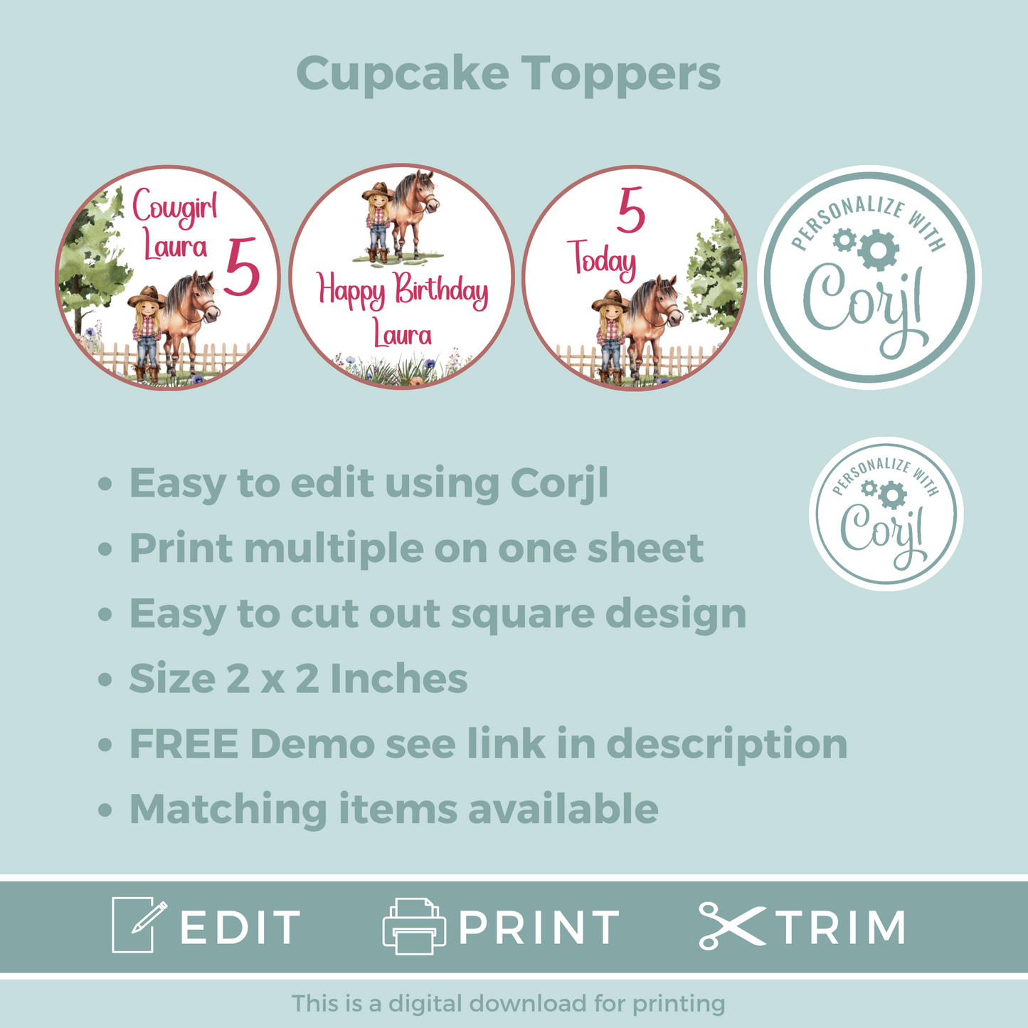 Editable Birthday Cupcake Toppers - Saddle Up Girl