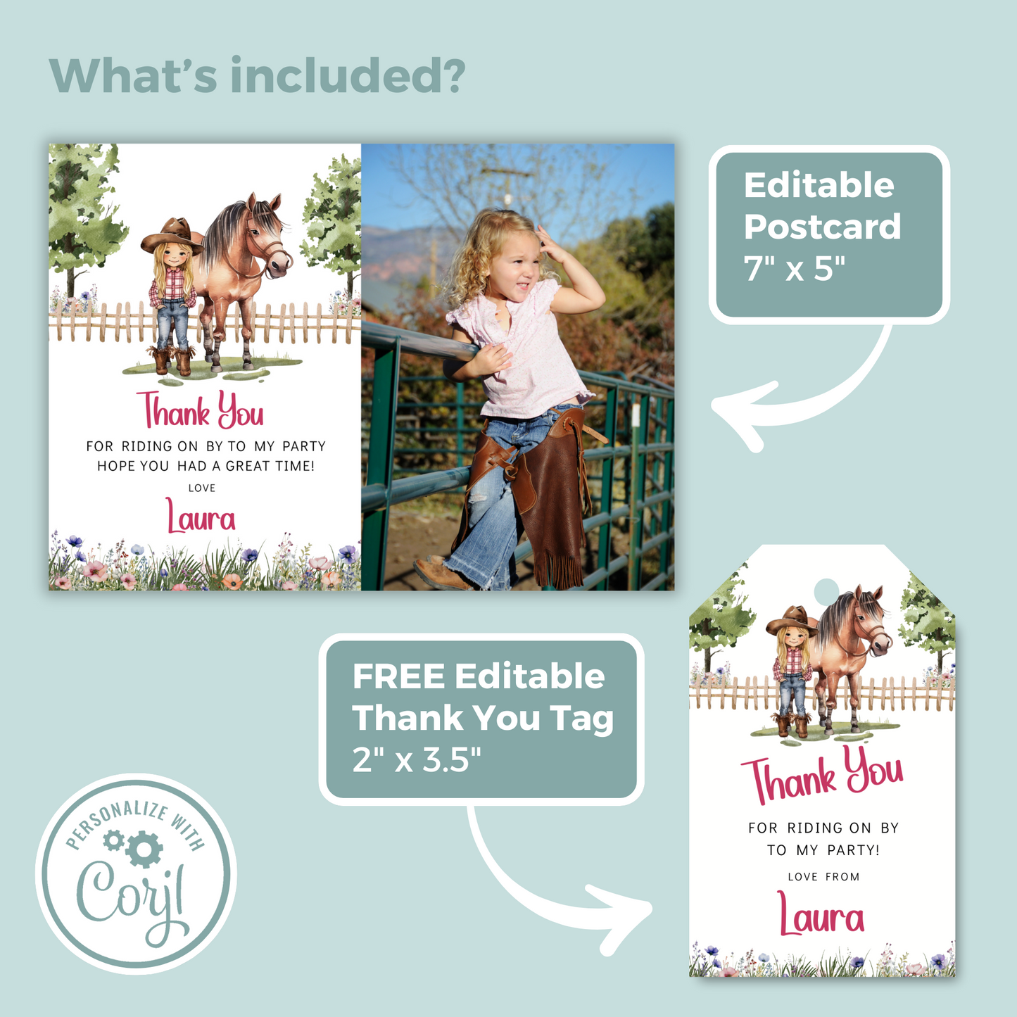 Editable Thank You Card - Saddle Up Girl