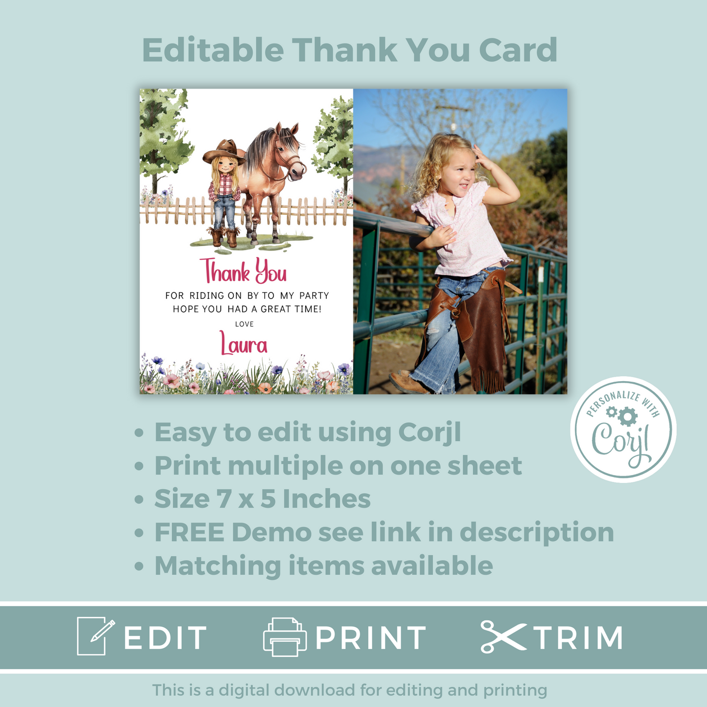 Editable Thank You Card - Saddle Up Girl