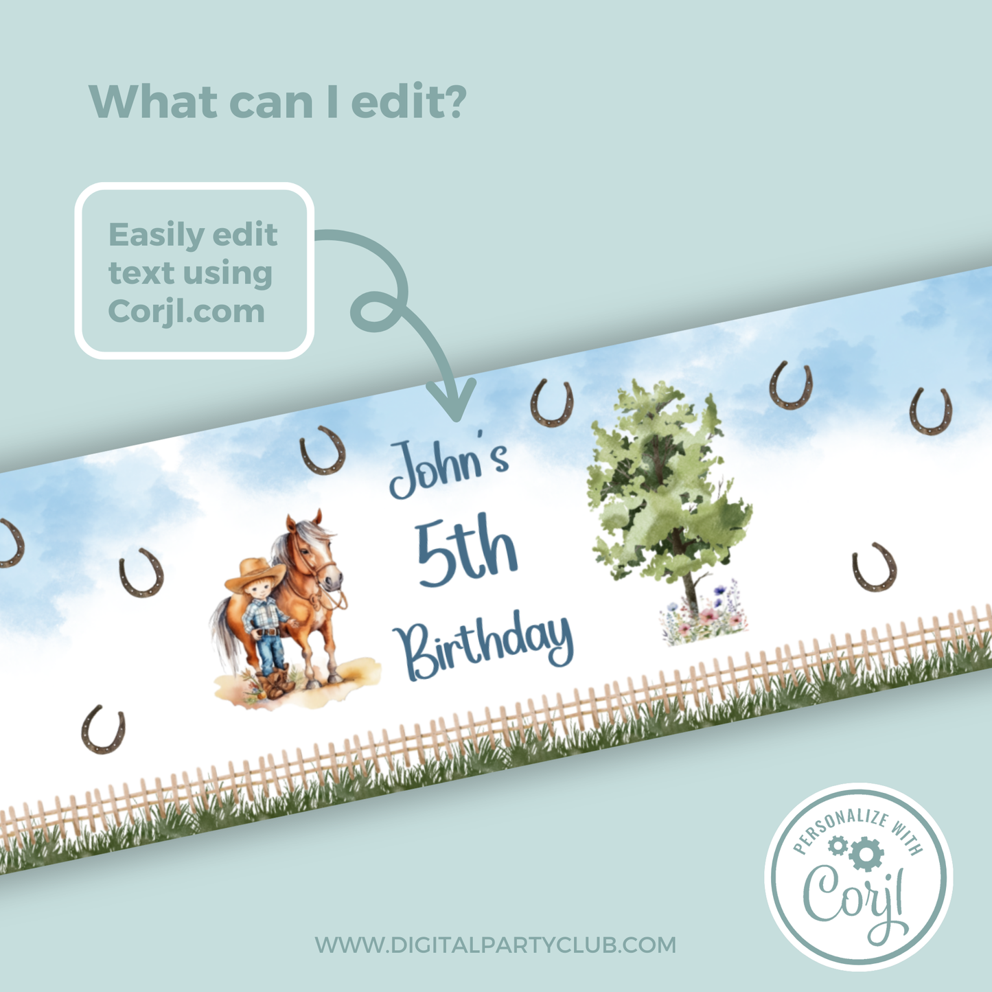 Editable Birthday Water Bottle Label - Saddle Up Boy