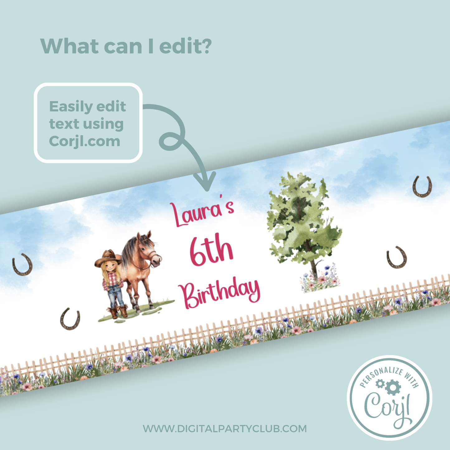Editable Birthday Water Bottle Label - Saddle Up Girl