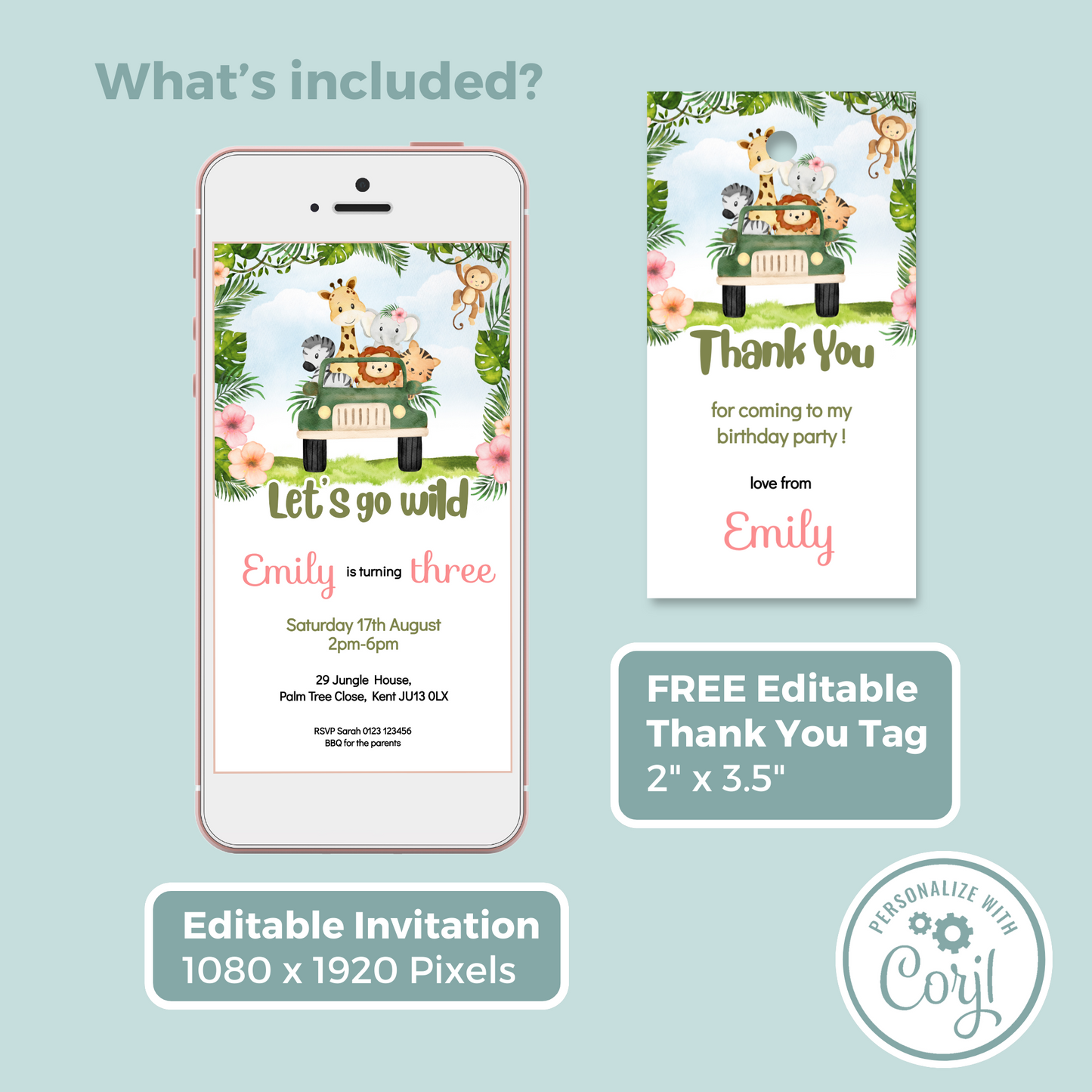 Editable Evite Birthday Invitation and FREE Thank You Tag - Safari