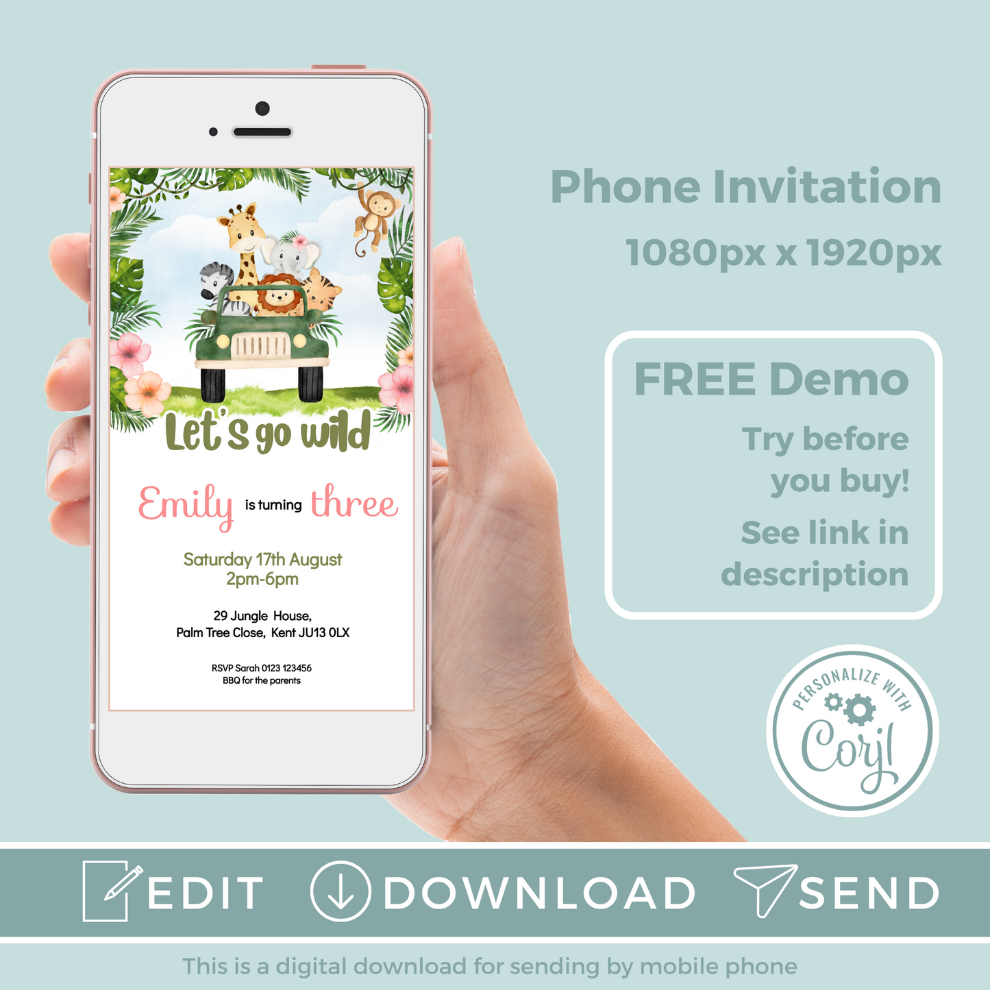 Editable Evite Birthday Invitation and FREE Thank You Tag - Safari