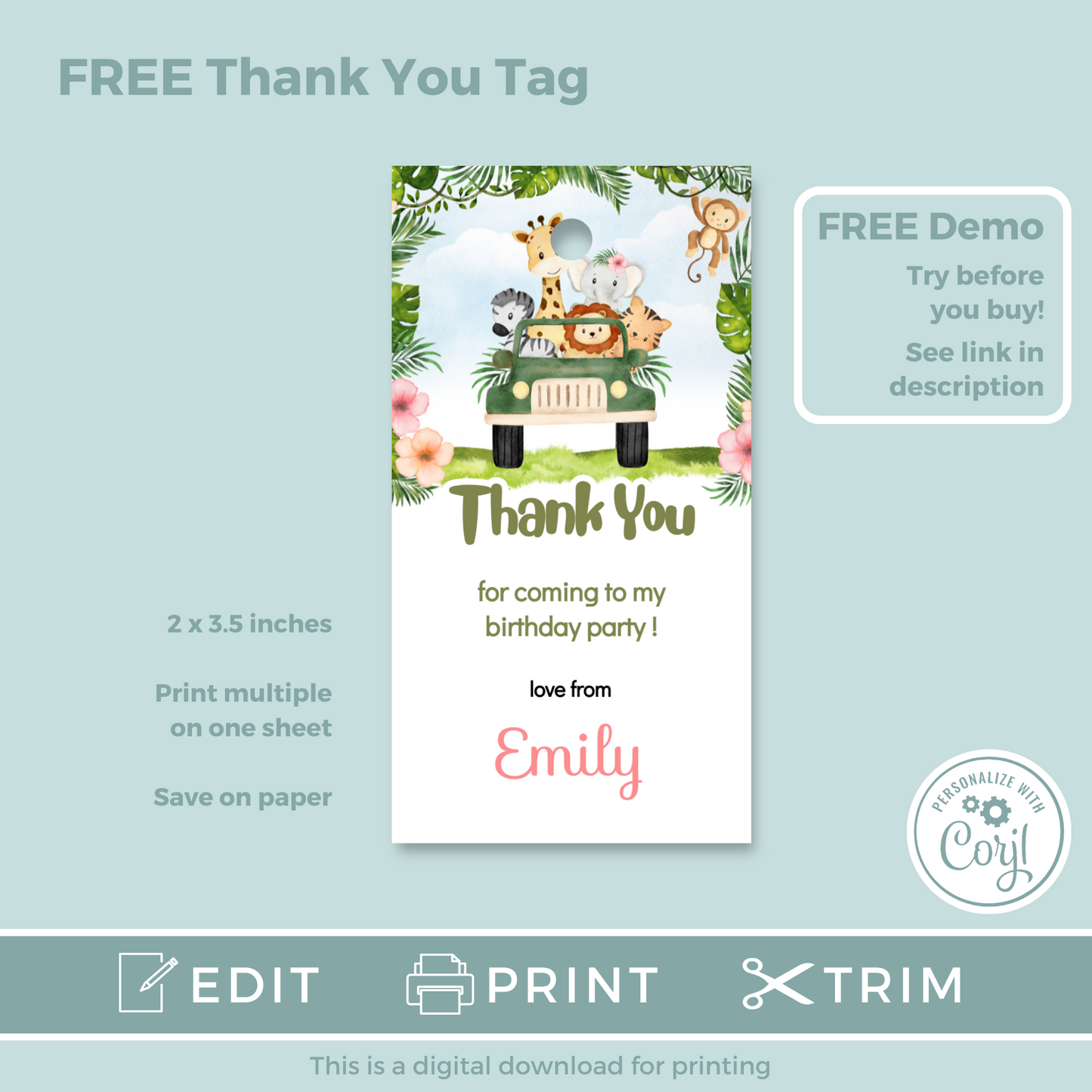 Editable Evite Birthday Invitation and FREE Thank You Tag - Safari