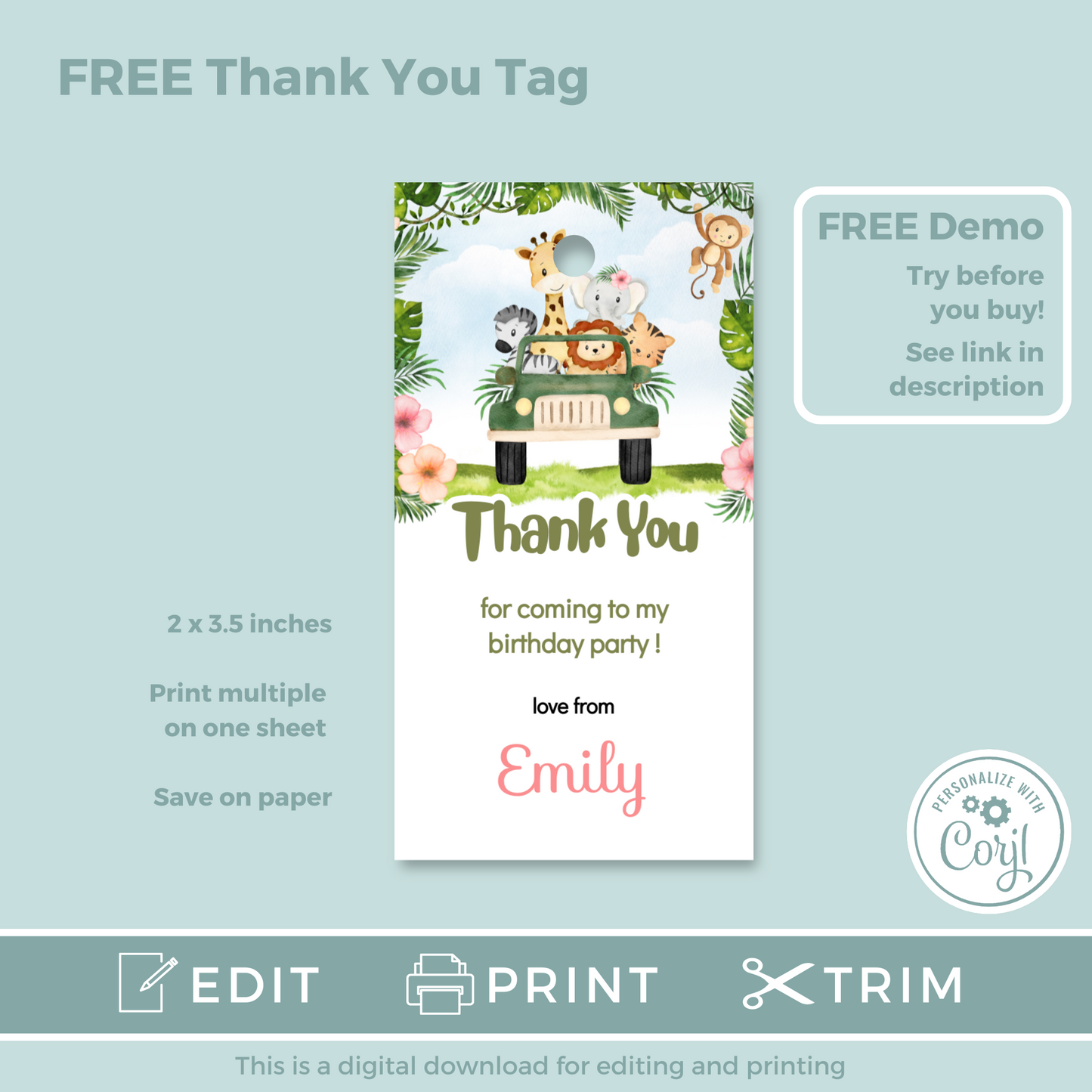 Editable Birthday Invitation and FREE Thank You Tag - Safari