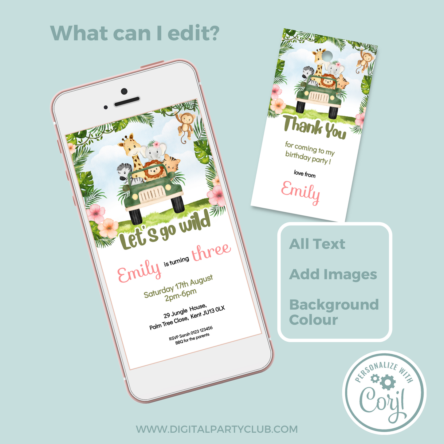 Editable Evite Birthday Invitation and FREE Thank You Tag - Safari
